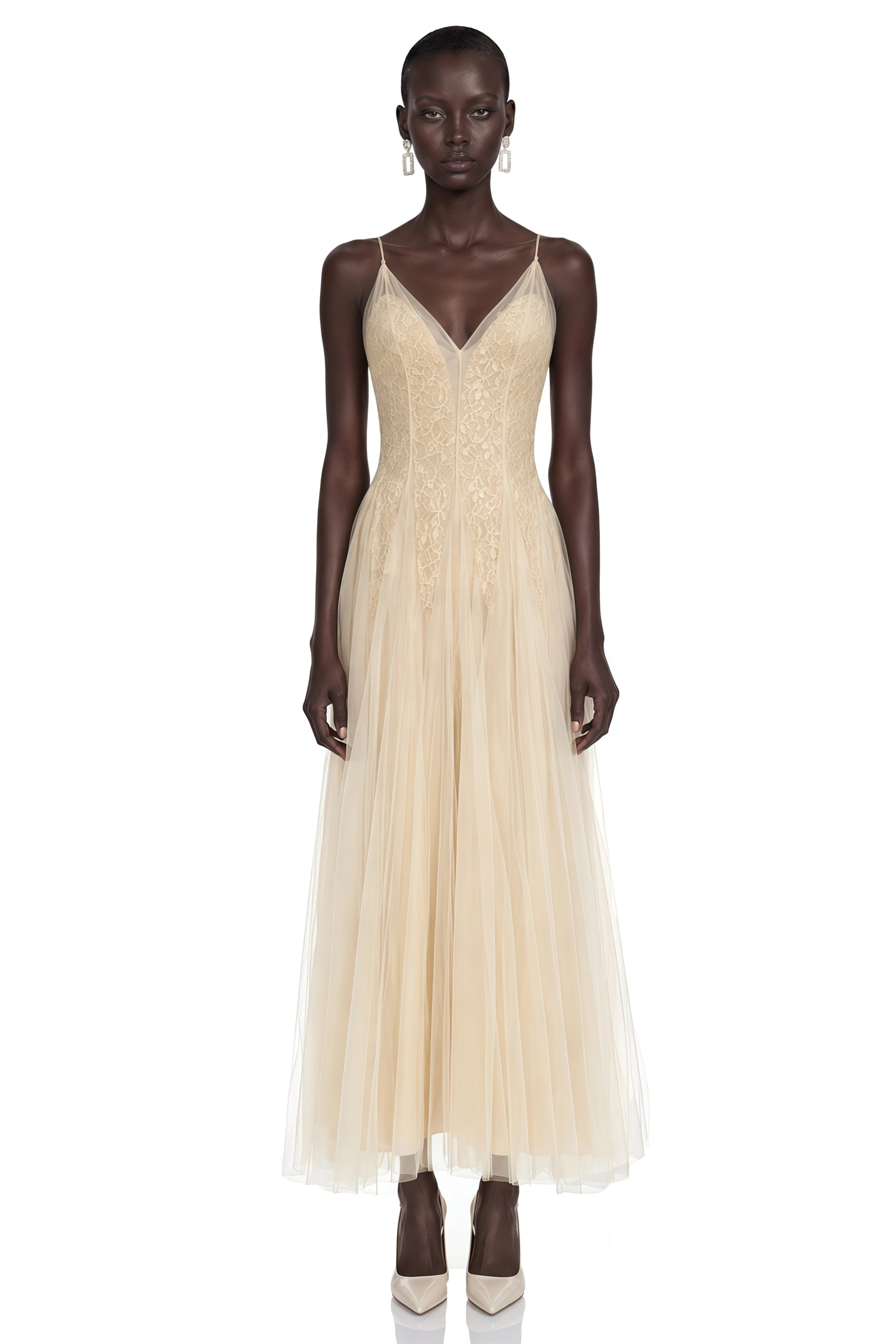 Saga Neutral Pleated Maxi Dress with 3D Petals