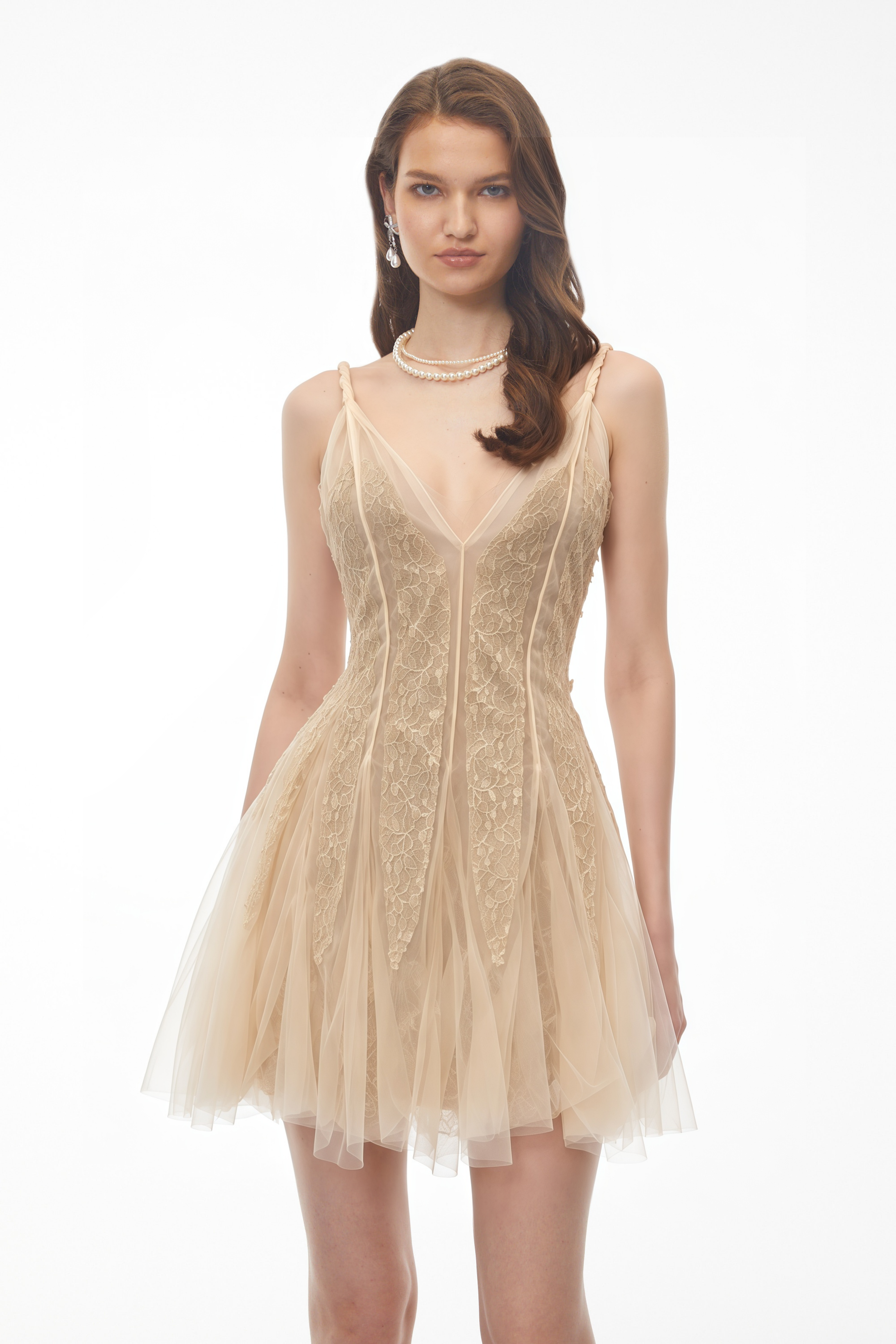 Saga Neutral Pleated Mini Dress with 3D Petals