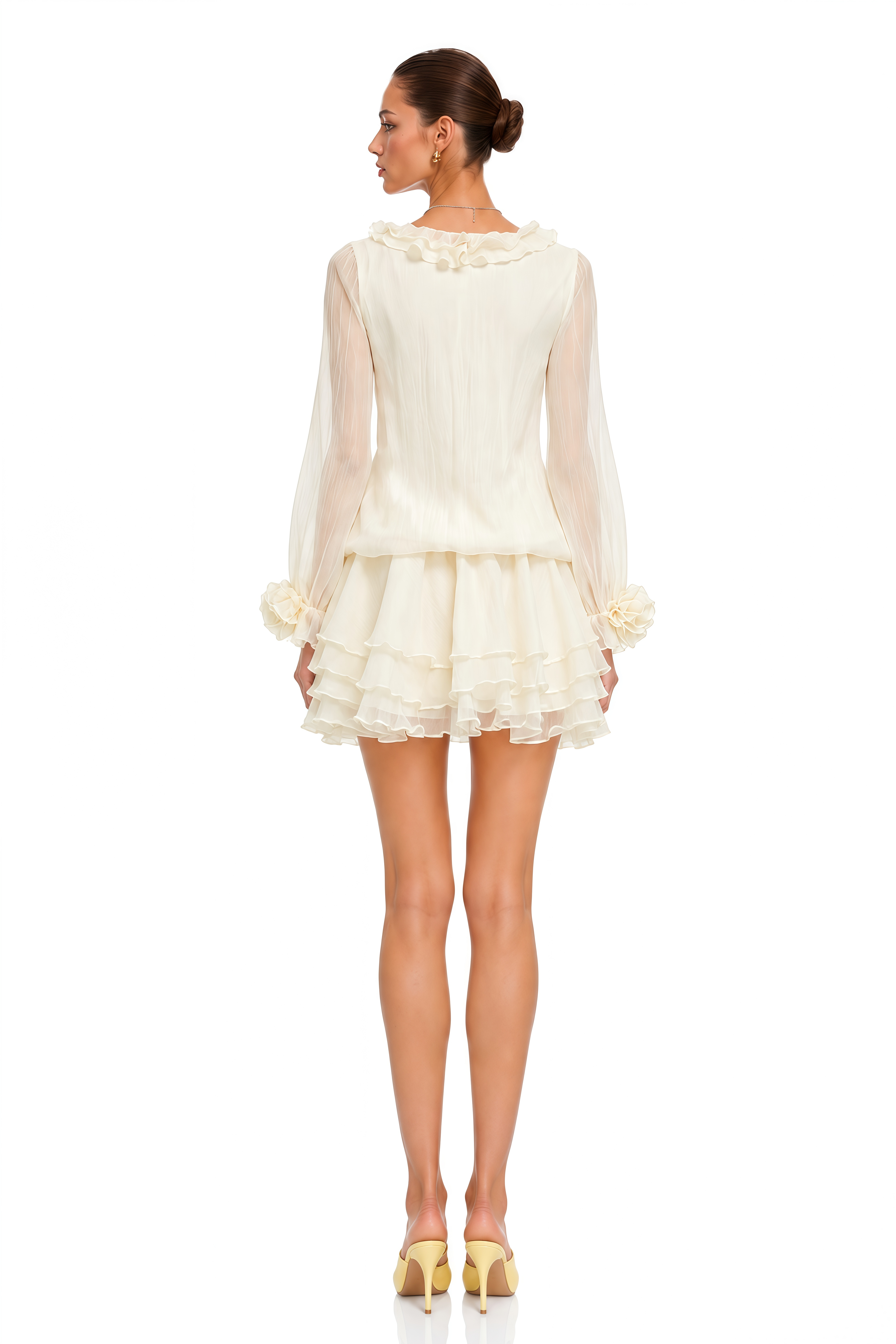 Saleha Neutral 3D Floral Ruffled Mini Dress
