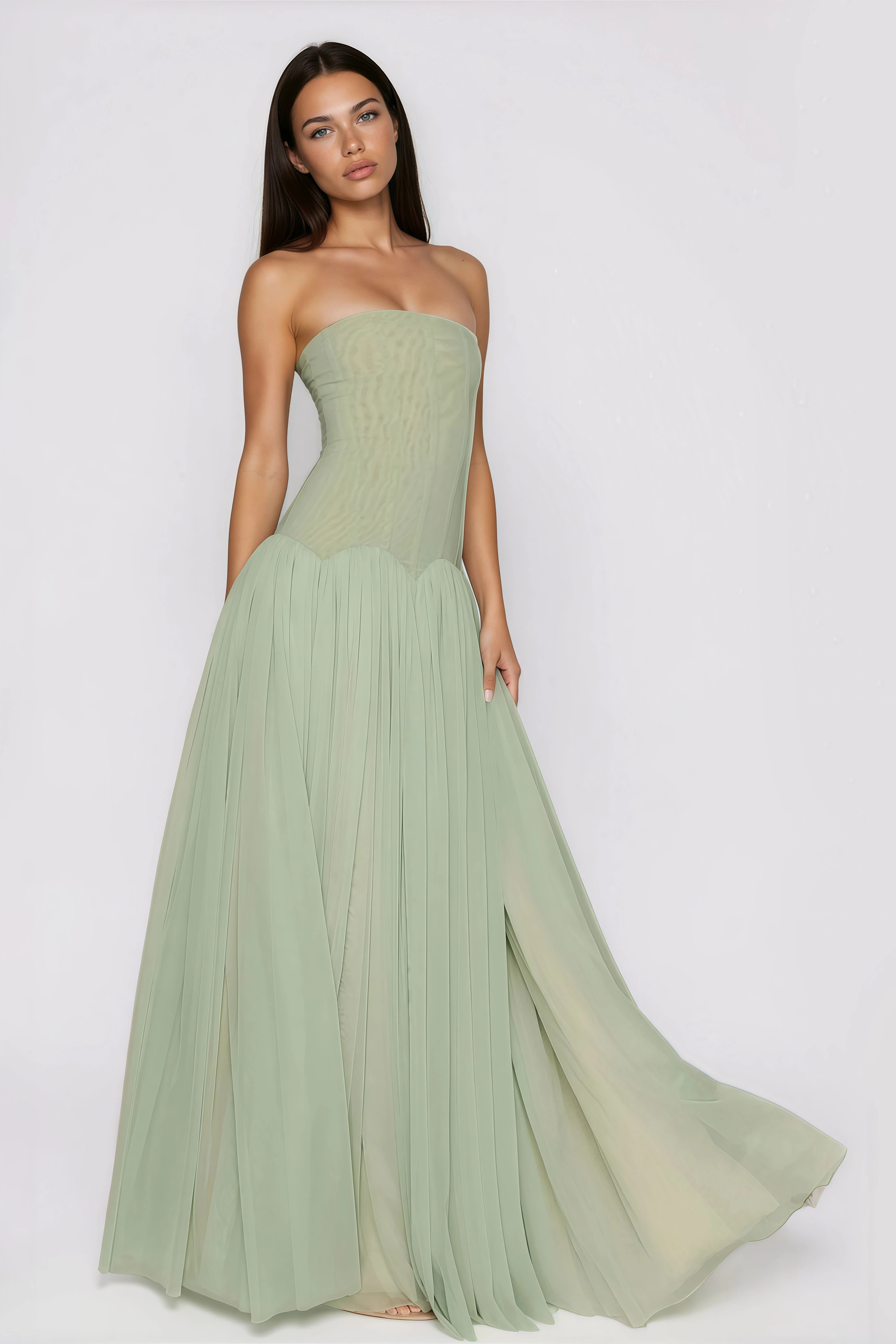 Sage Strapless Pleated Maxi Dress
