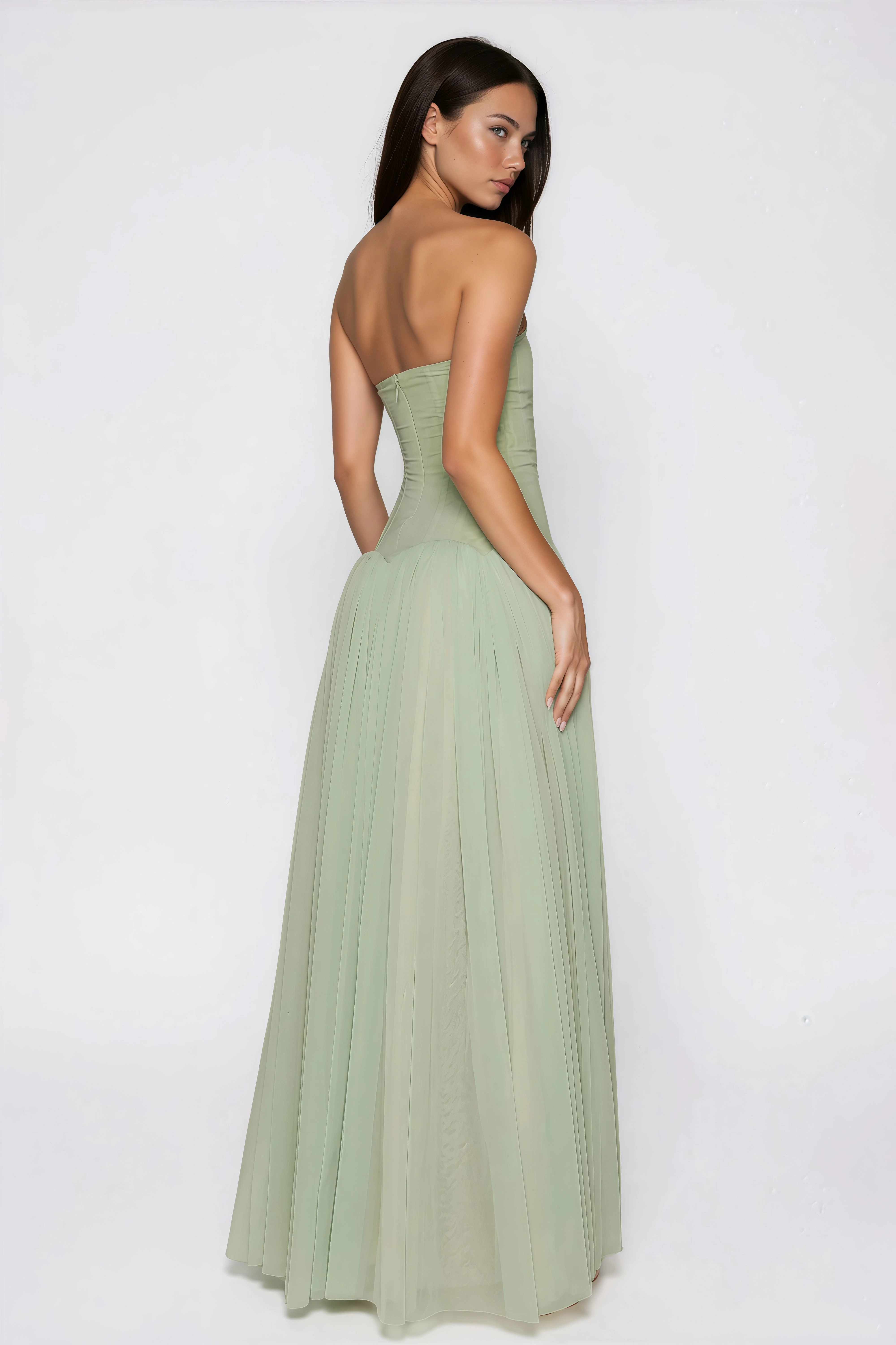Sage Strapless Pleated Maxi Dress