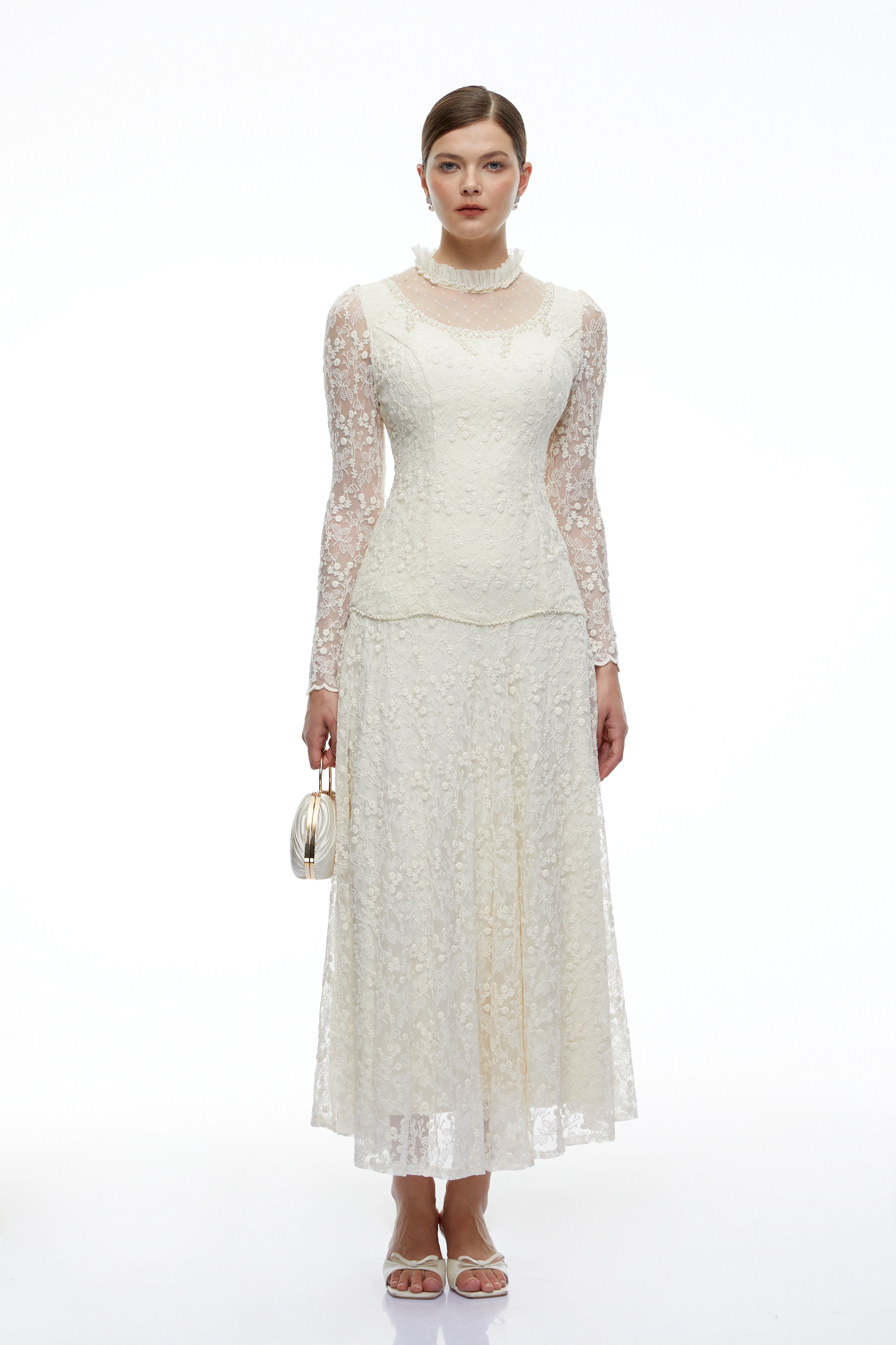 Samantha Cream High Neck Lace Long Sleeves Top & Skirt Set