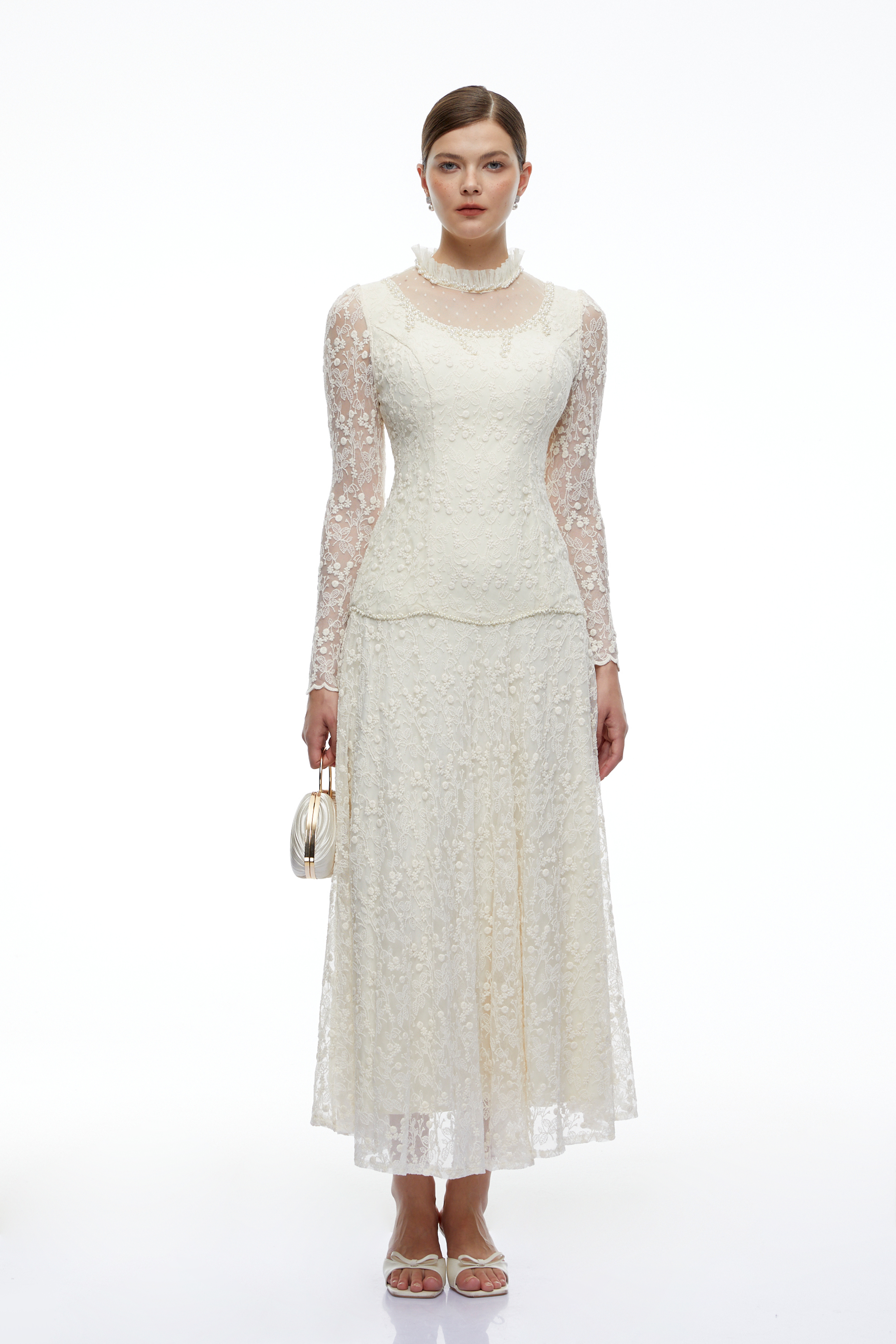Samantha Cream High Neck Lace Long Sleeves Top & Skirt Set