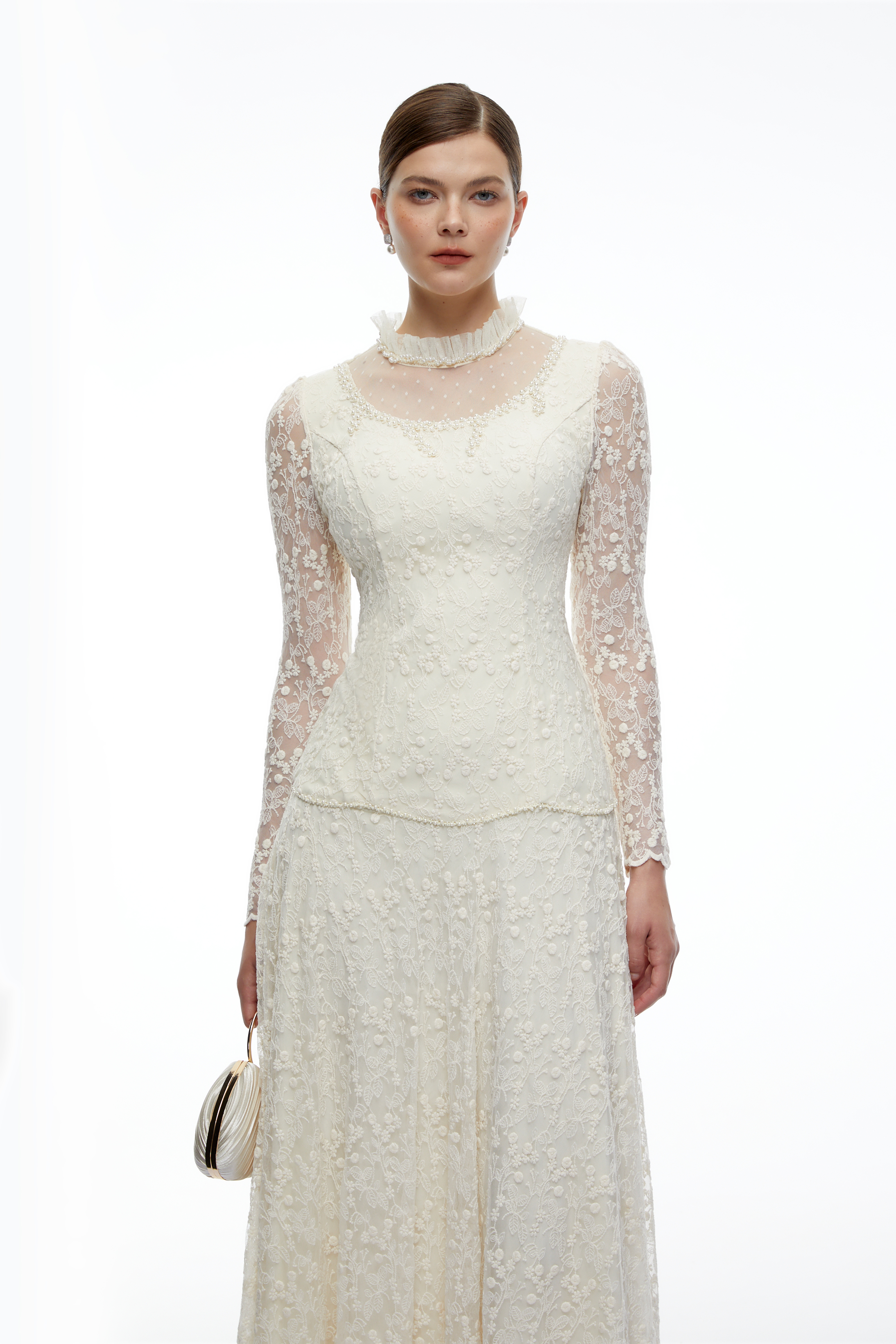 Samantha Cream High Neck Lace Long Sleeves Top & Skirt Set