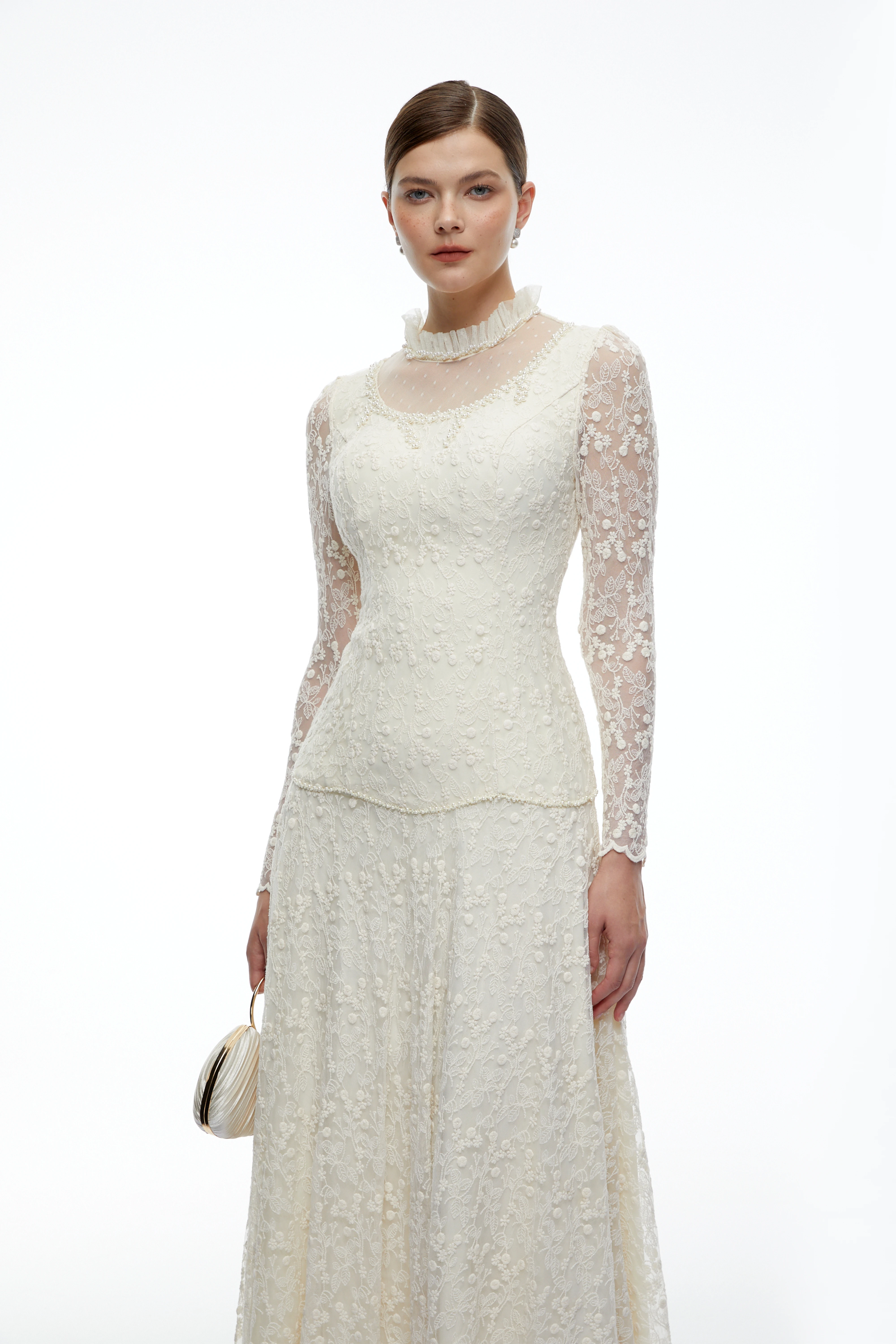 Samantha Cream High Neck Lace Long Sleeves Top & Skirt Set
