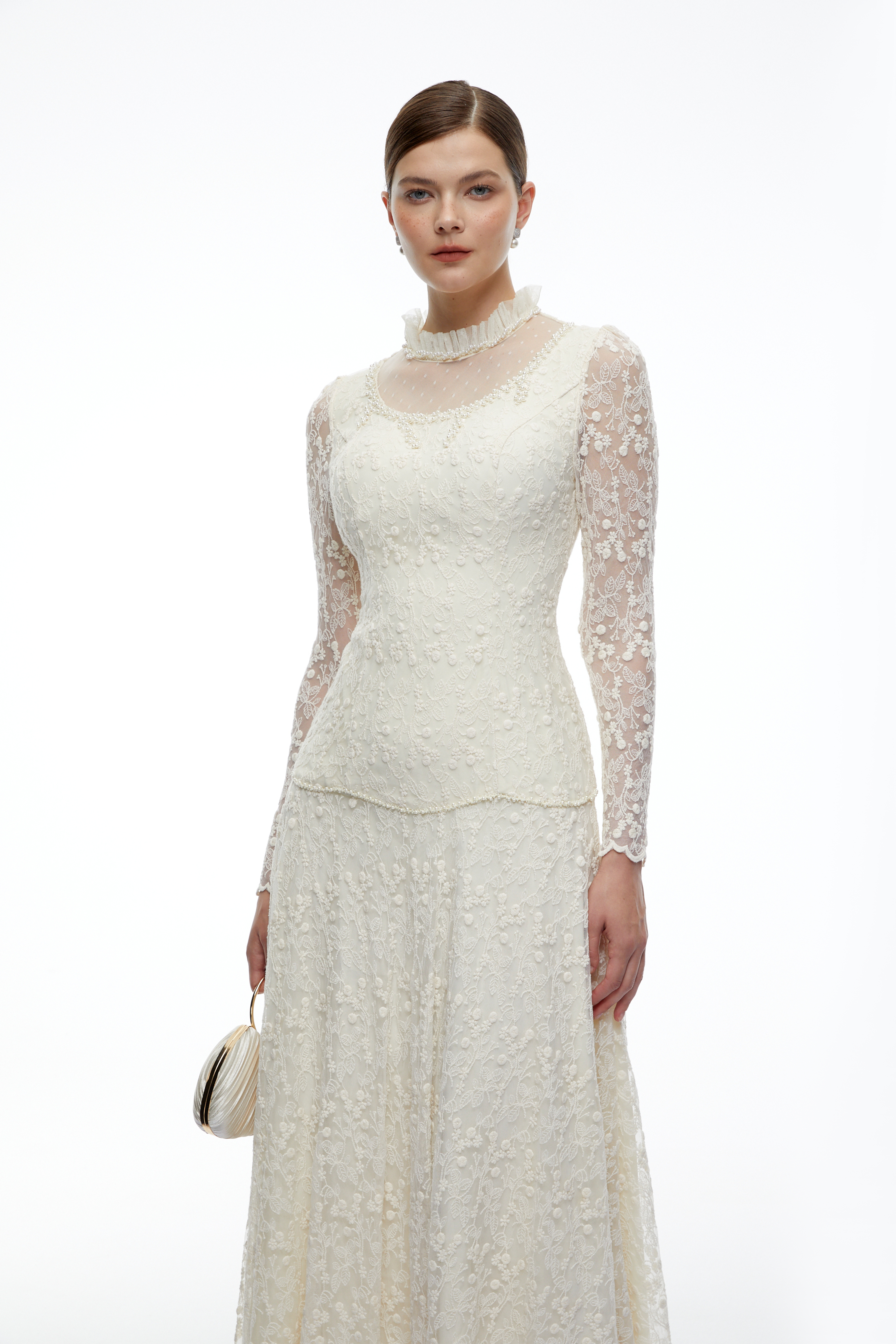 Samantha Cream High Neck Lace Long Sleeves Top & Skirt Set
