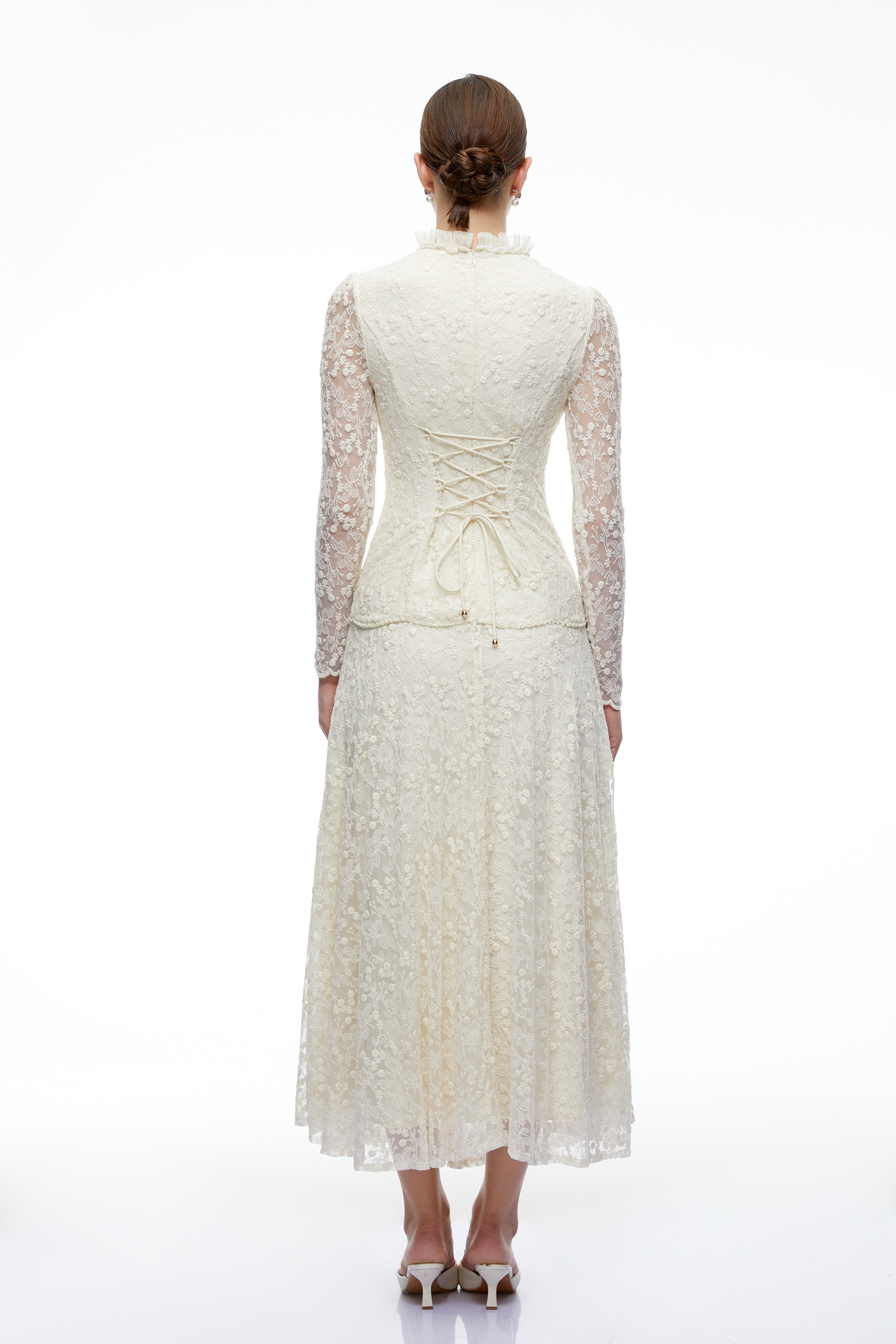 Samantha Cream High Neck Lace Long Sleeves Top & Skirt Set
