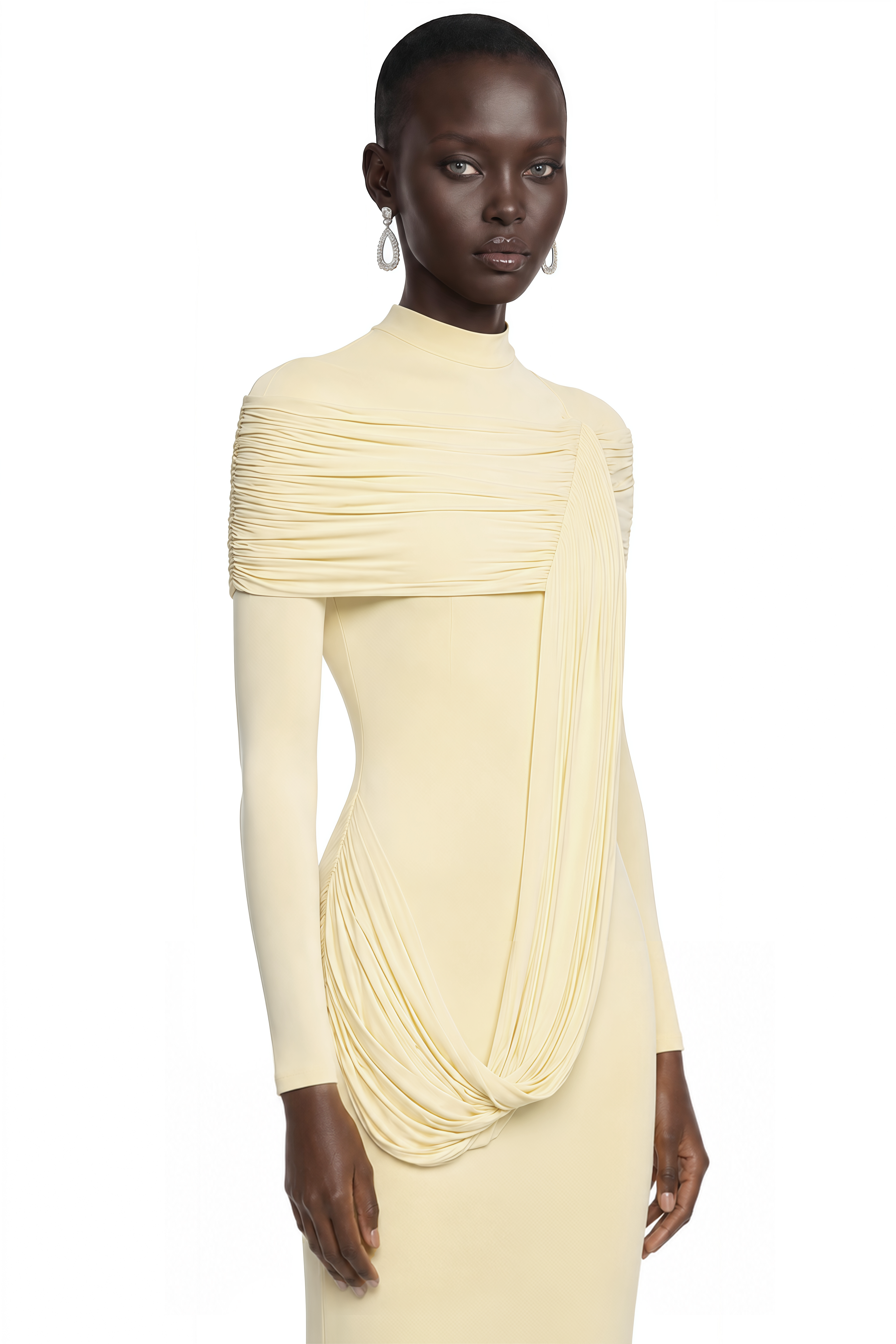 Samantha Yellow High Neck Ruched Long Sleeve Maxi Dress