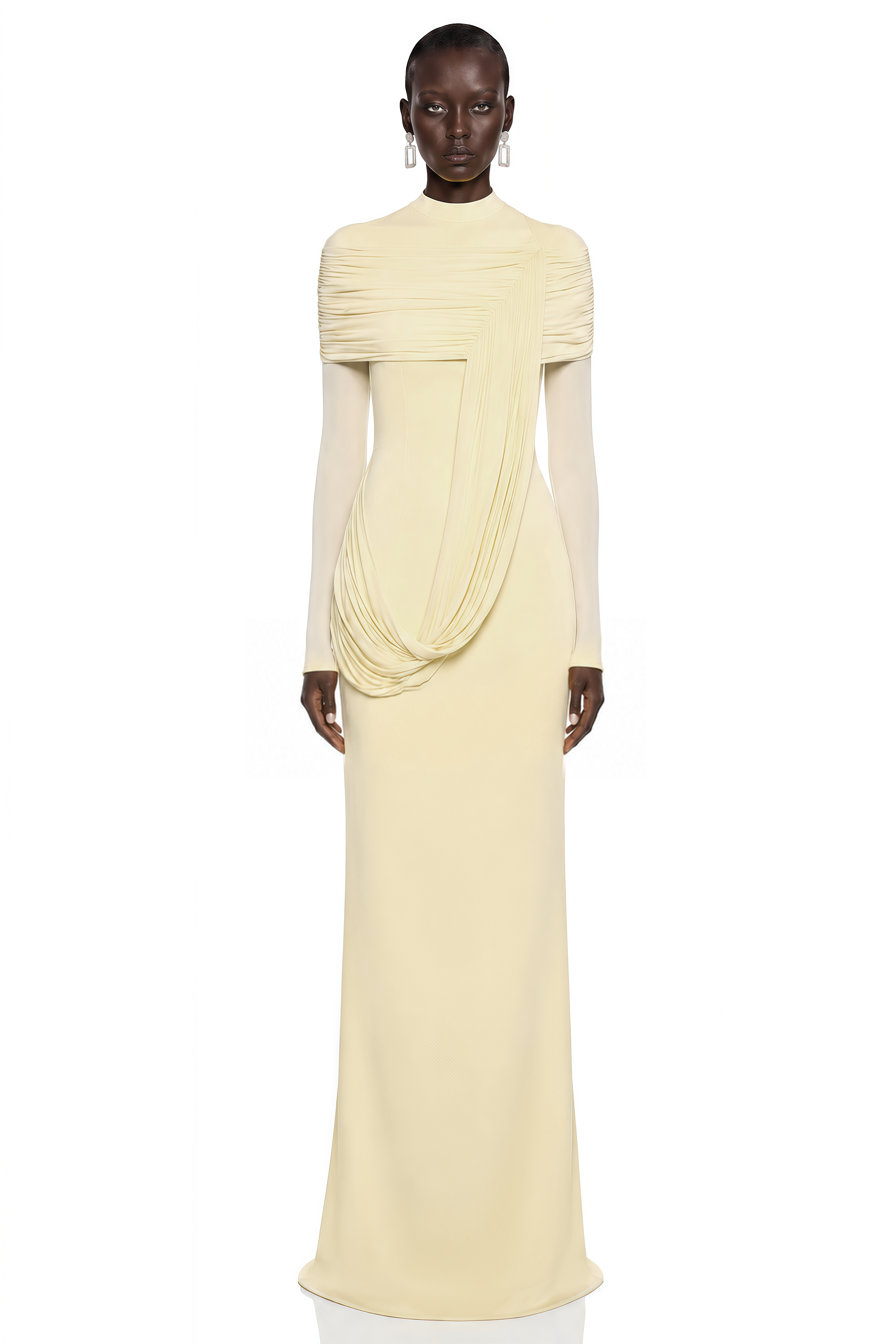 Samantha Yellow High Neck Ruched Long Sleeve Maxi Dress