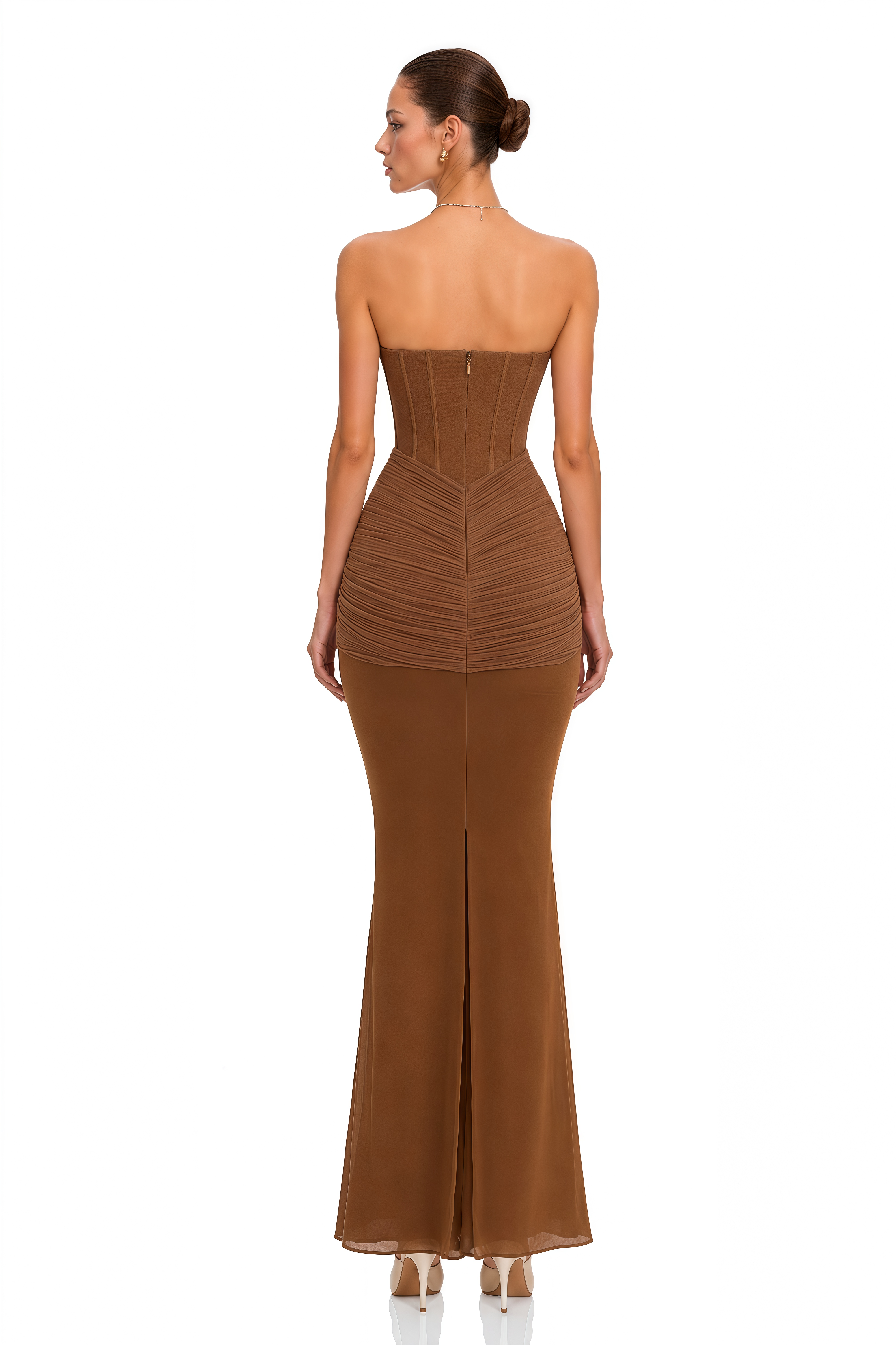 Sara Brown Strapless Corset Ruched Maxi Dress