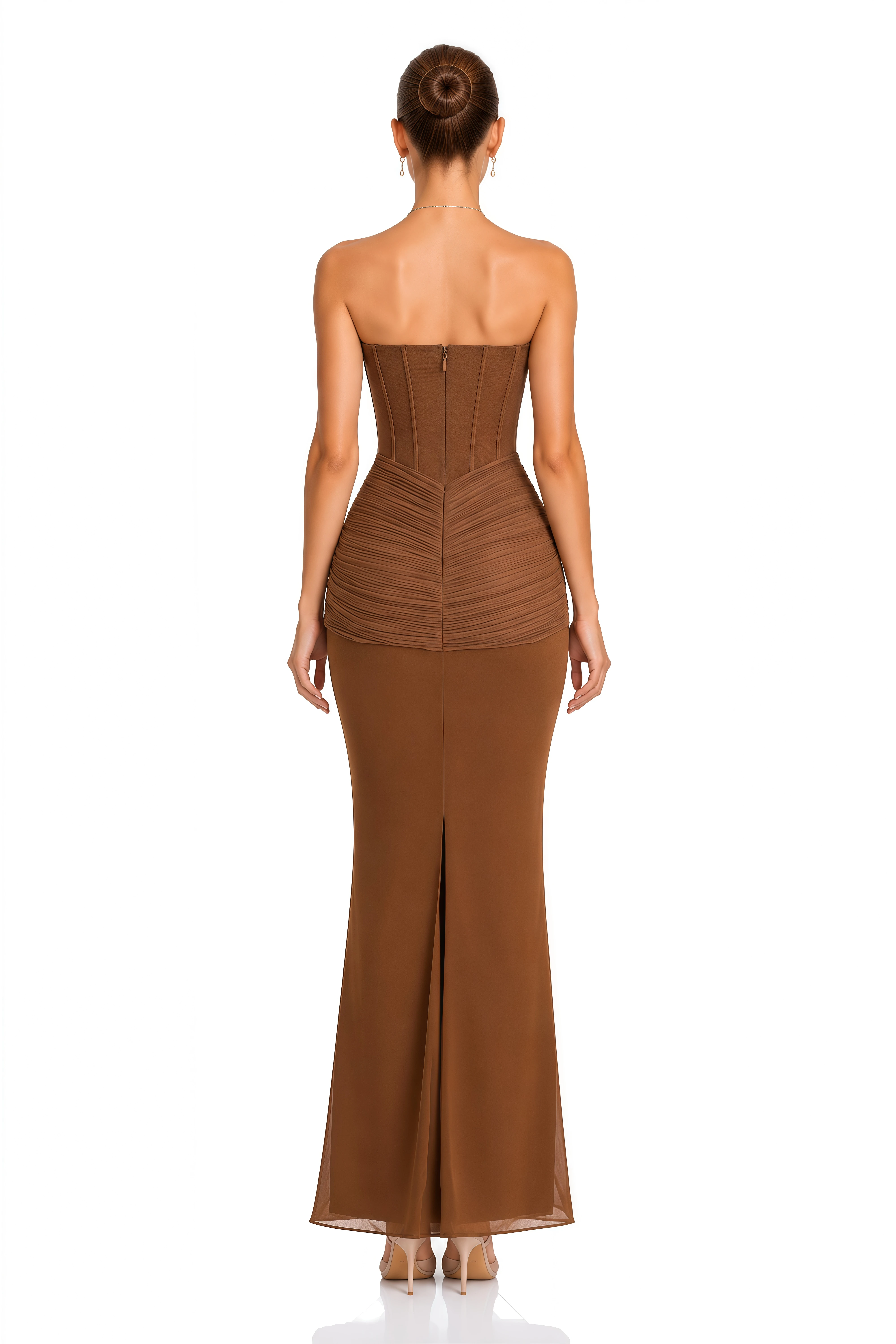 Sara Brown Strapless Corset Ruched Maxi Dress