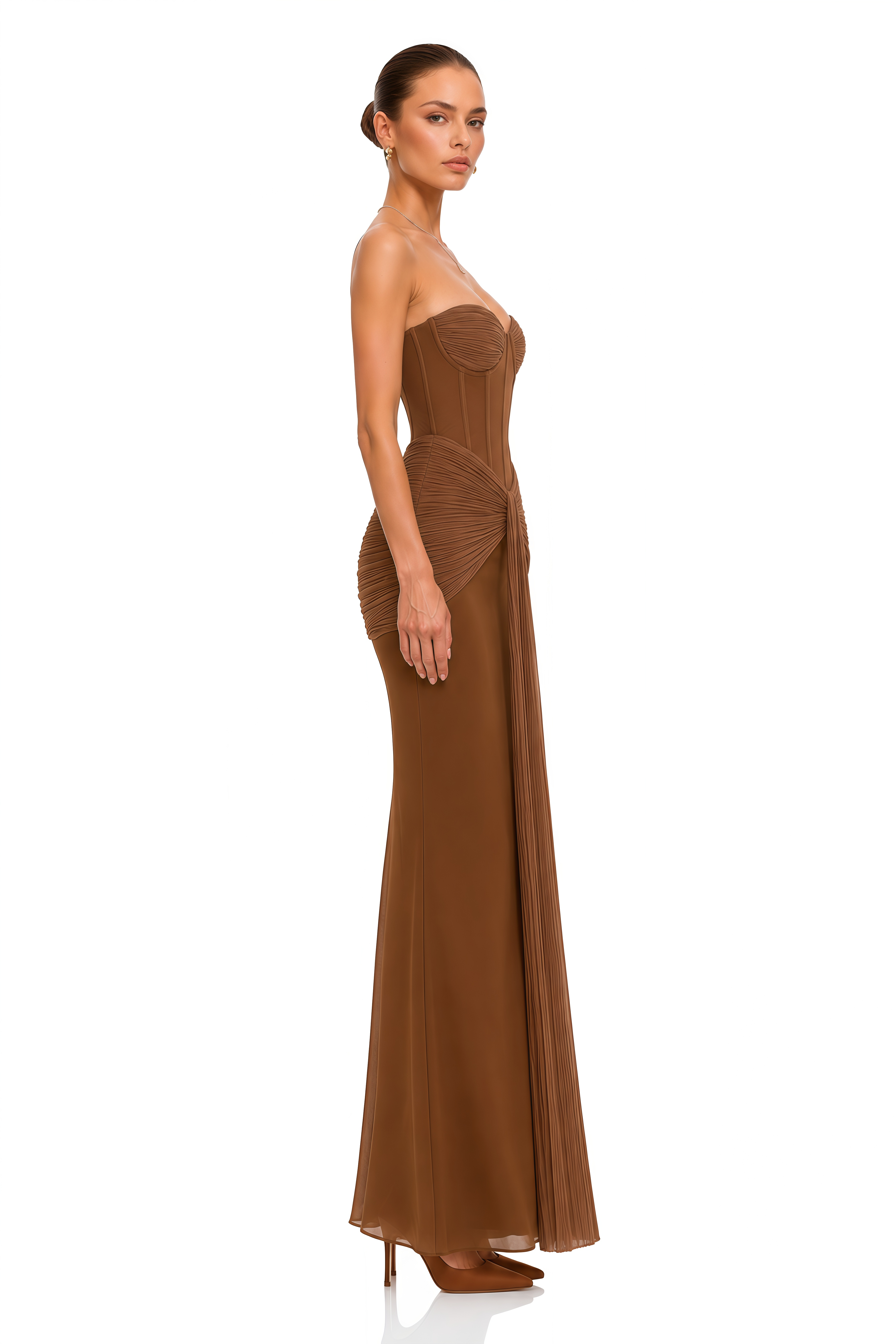 Sara Brown Strapless Corset Ruched Maxi Dress