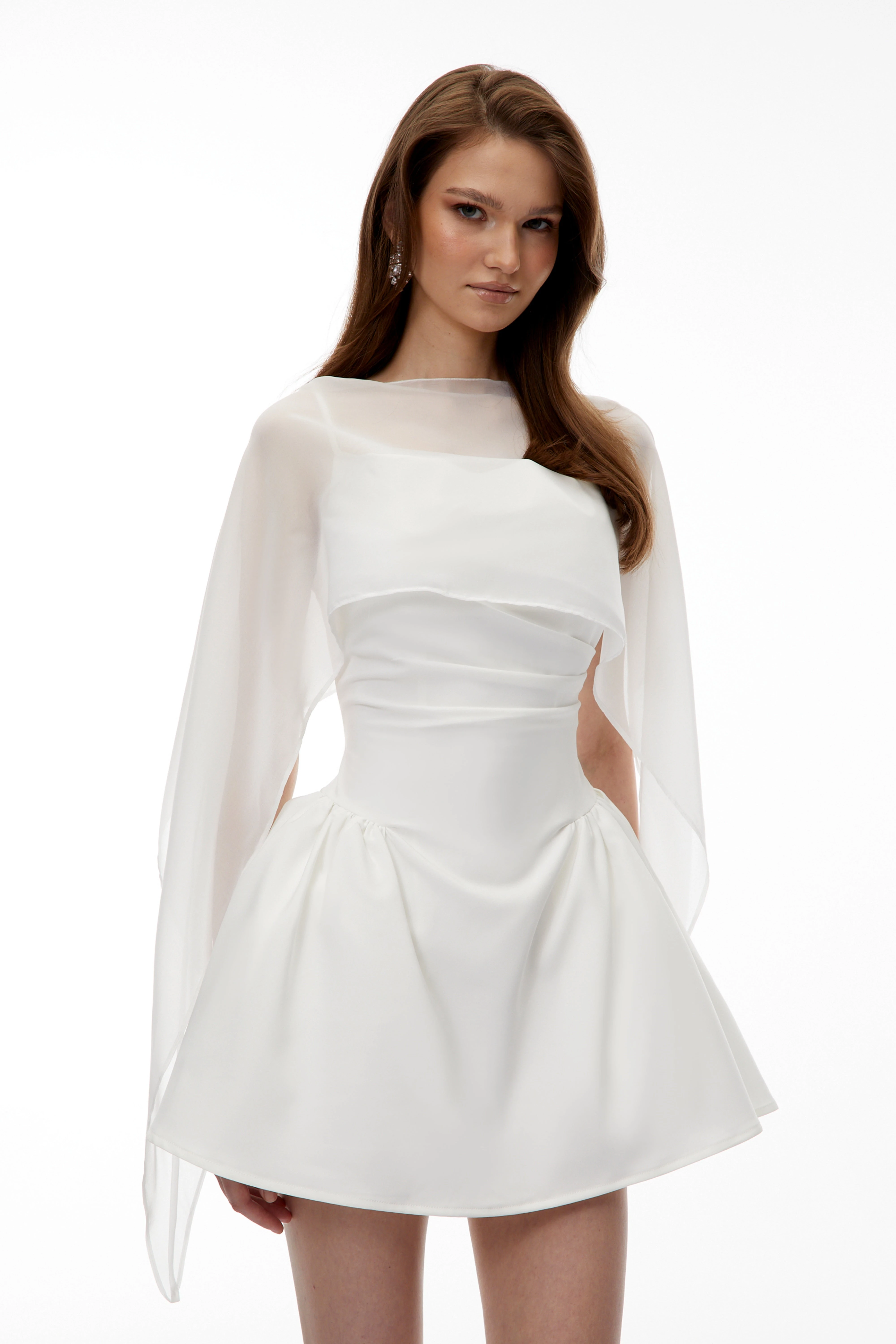 White Cinched Waist Mini Dress with Cape