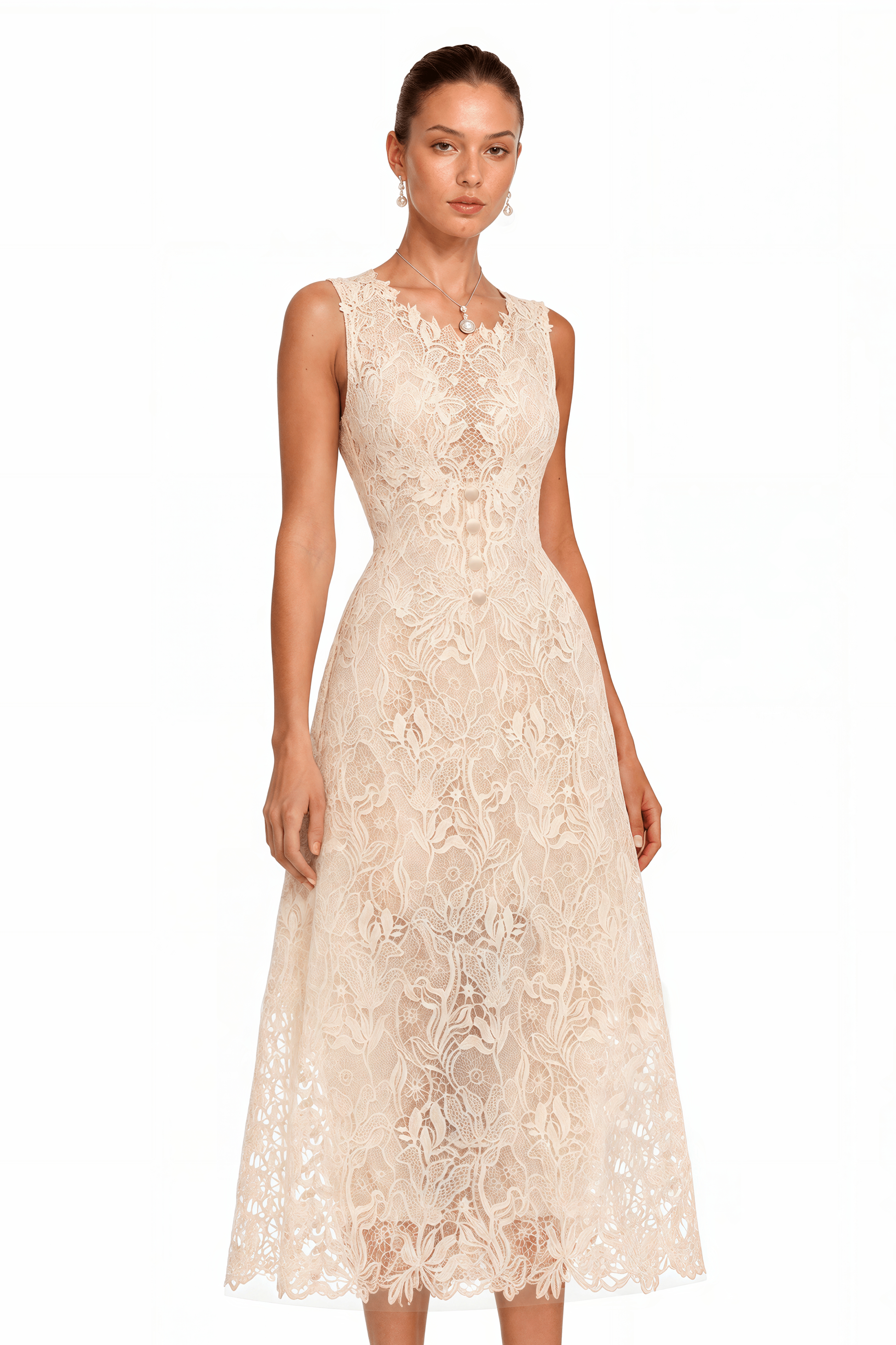 Sarlota Neutral Floral Lace Midi Dress
