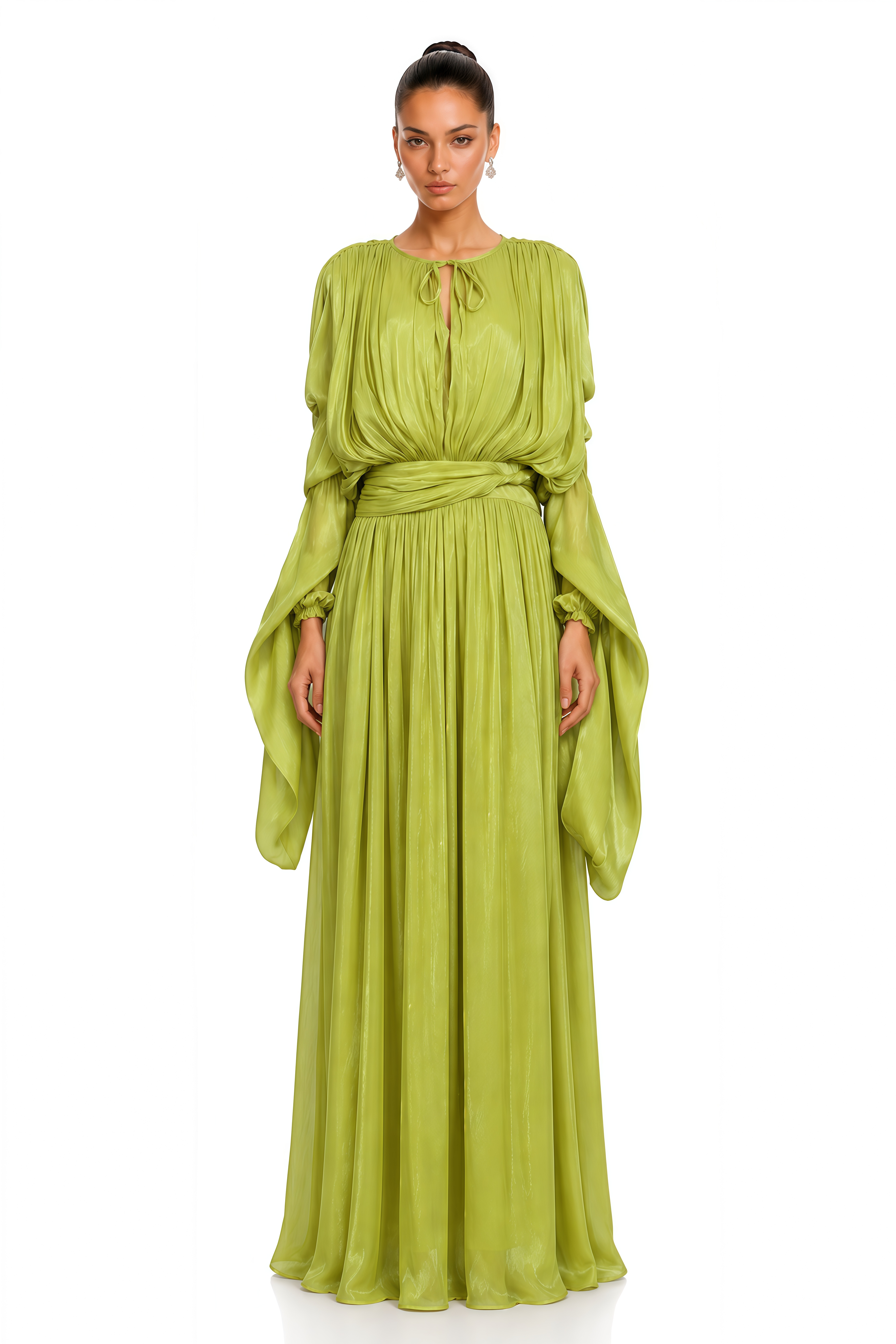 Saskia Lime Green Draped Sleeve Pleated Maxi Dress