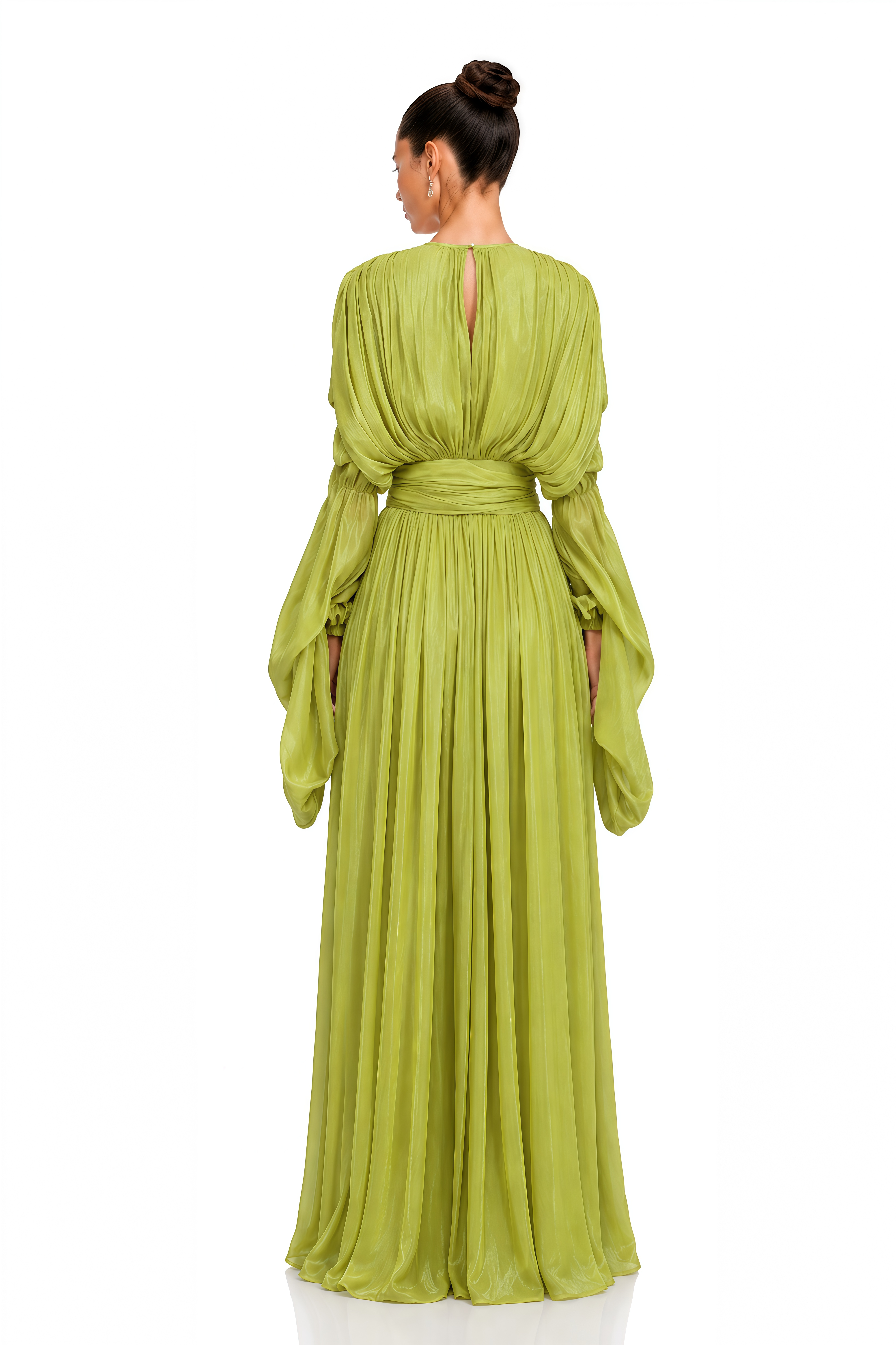 Saskia Lime Green Draped Sleeve Pleated Maxi Dress