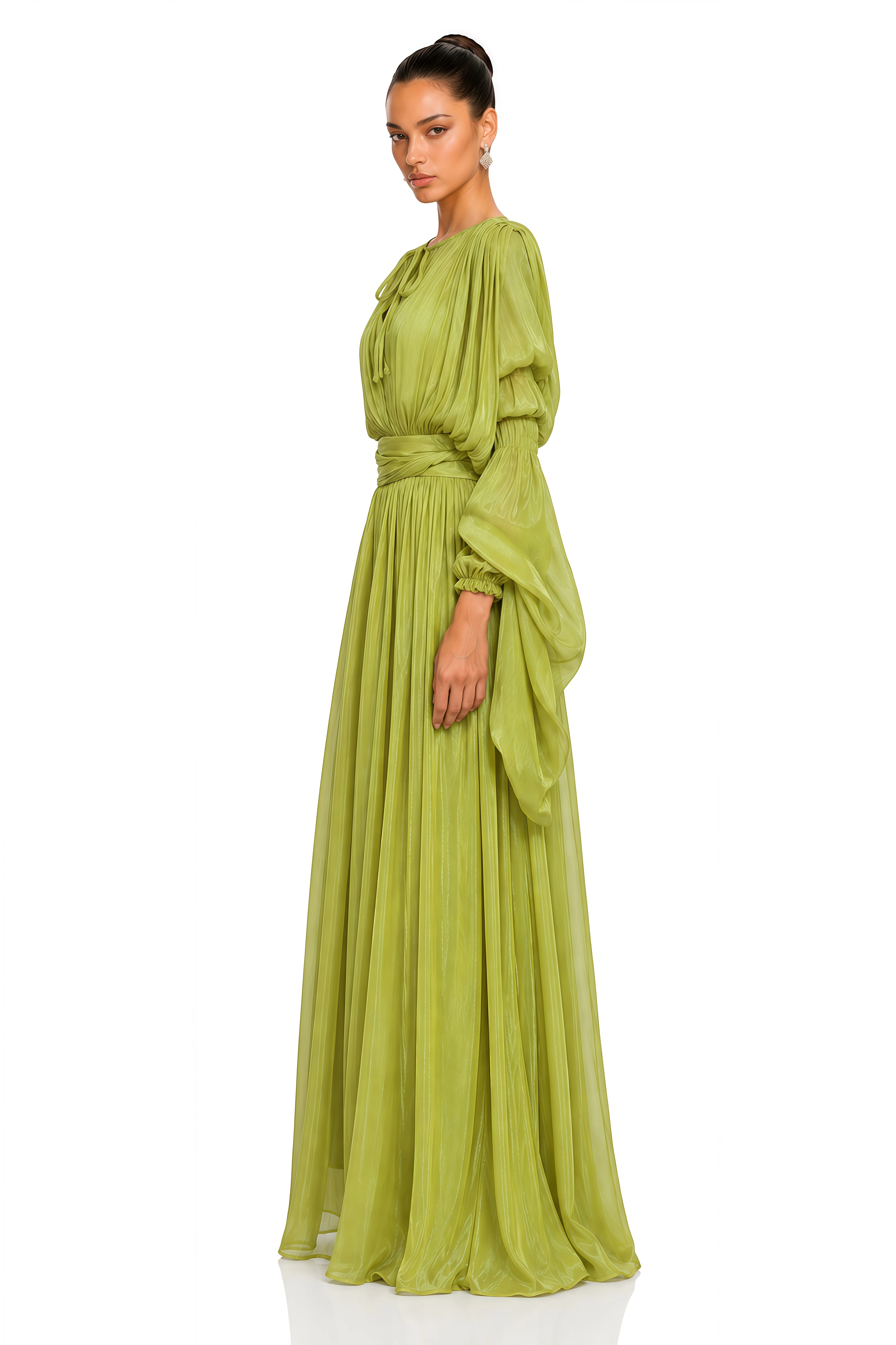 Saskia Lime Green Draped Sleeve Pleated Maxi Dress