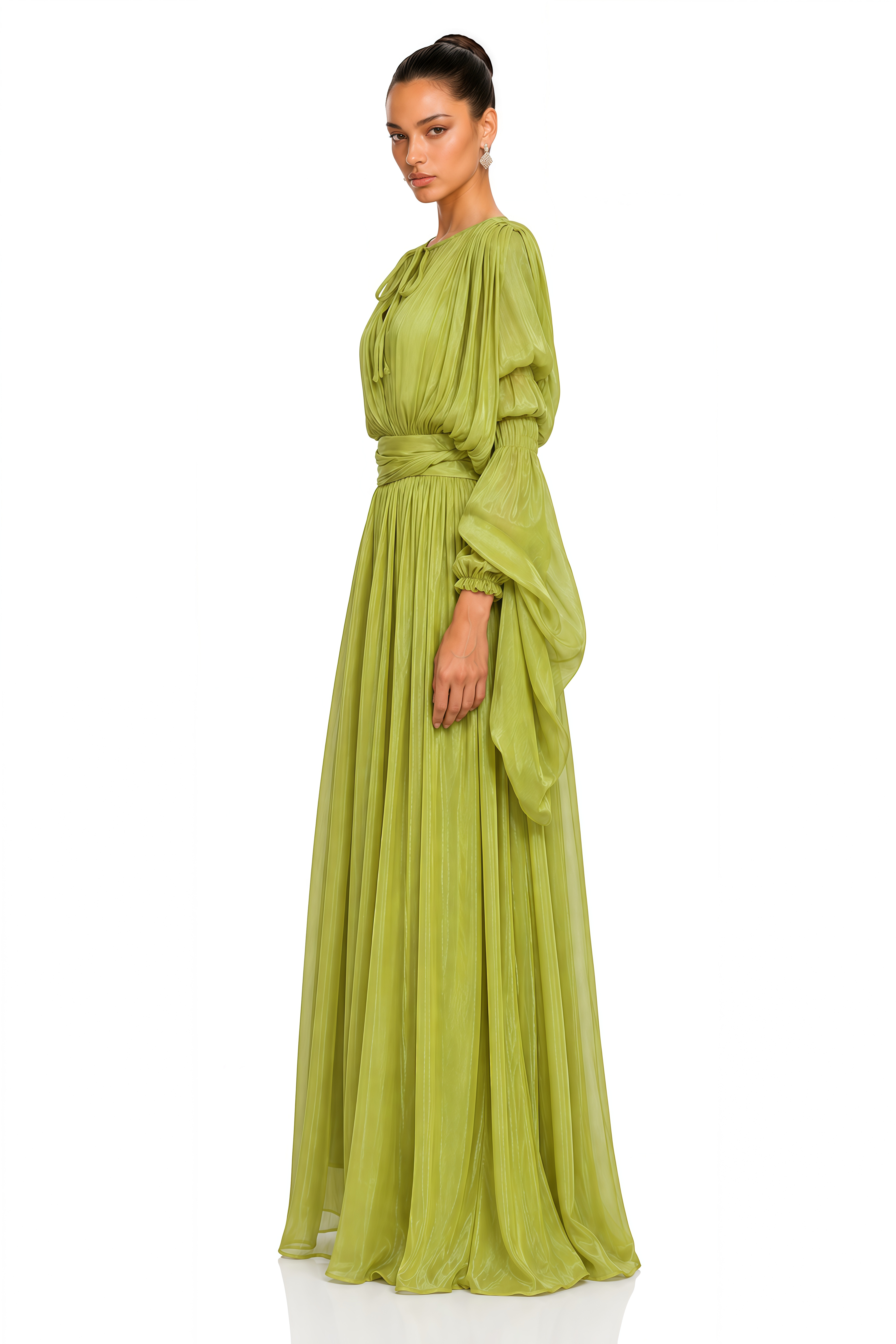 Saskia Lime Green Draped Sleeve Pleated Maxi Dress