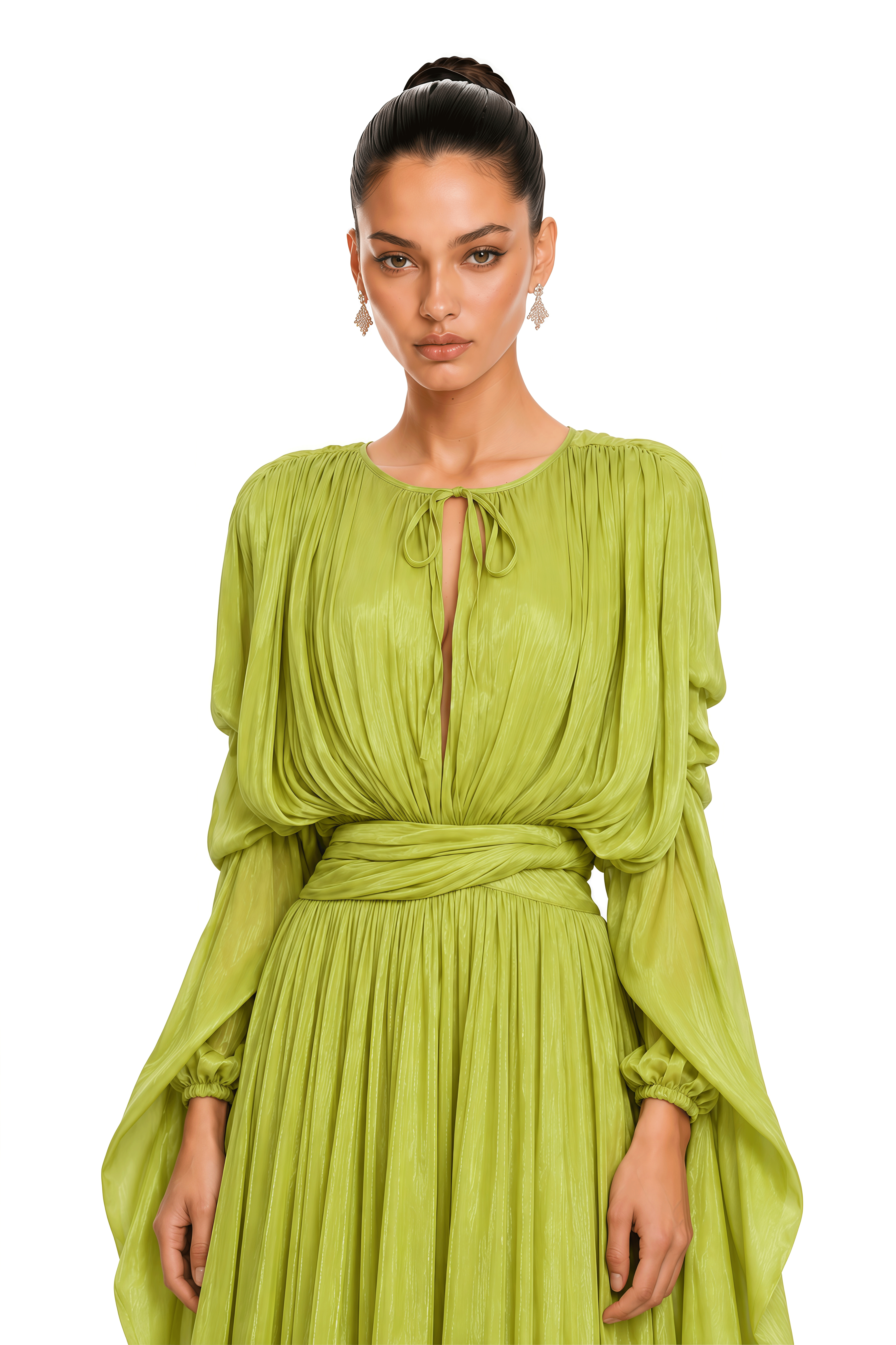 Saskia Lime Green Draped Sleeve Pleated Maxi Dress