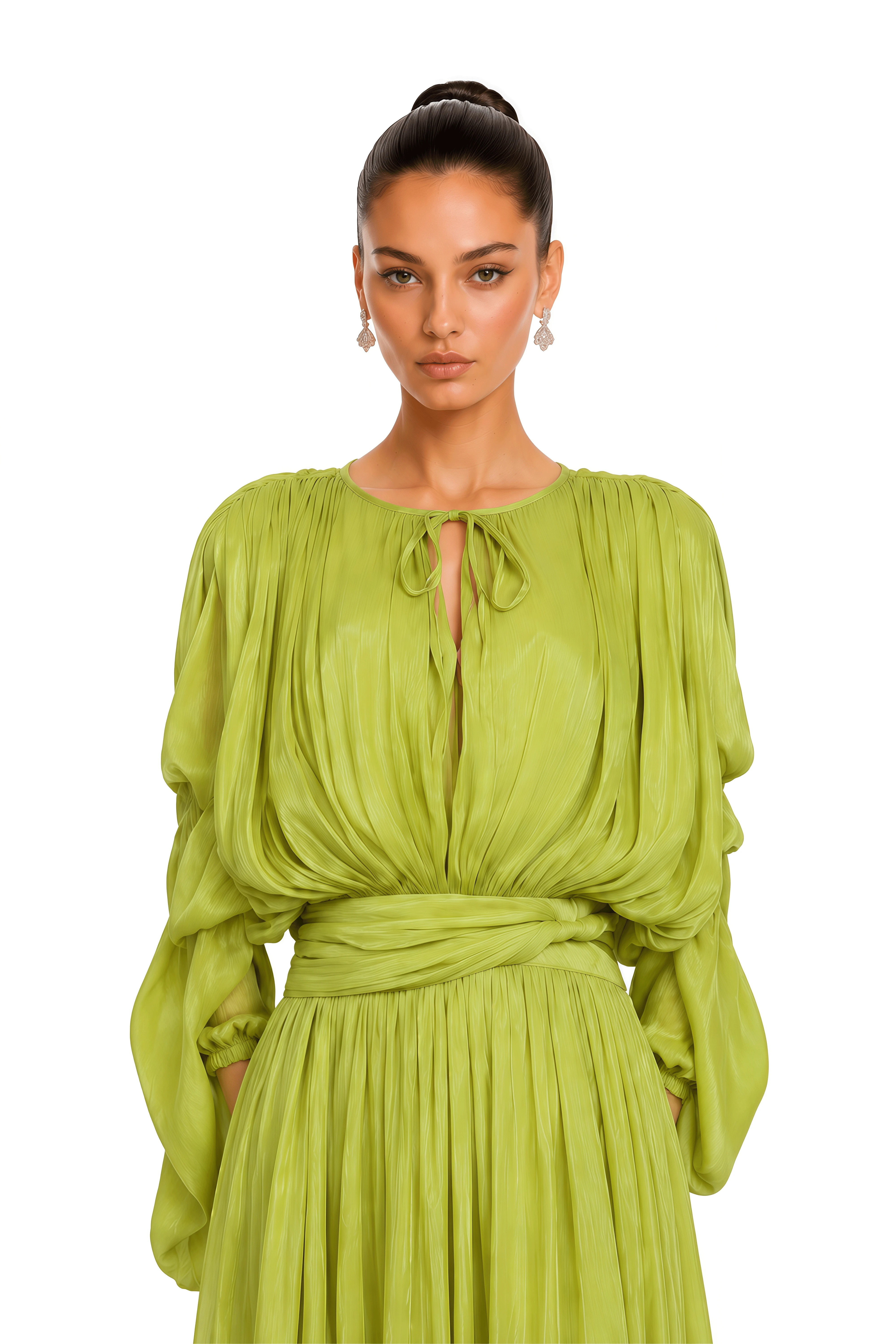 Saskia Lime Green Draped Sleeve Pleated Maxi Dress