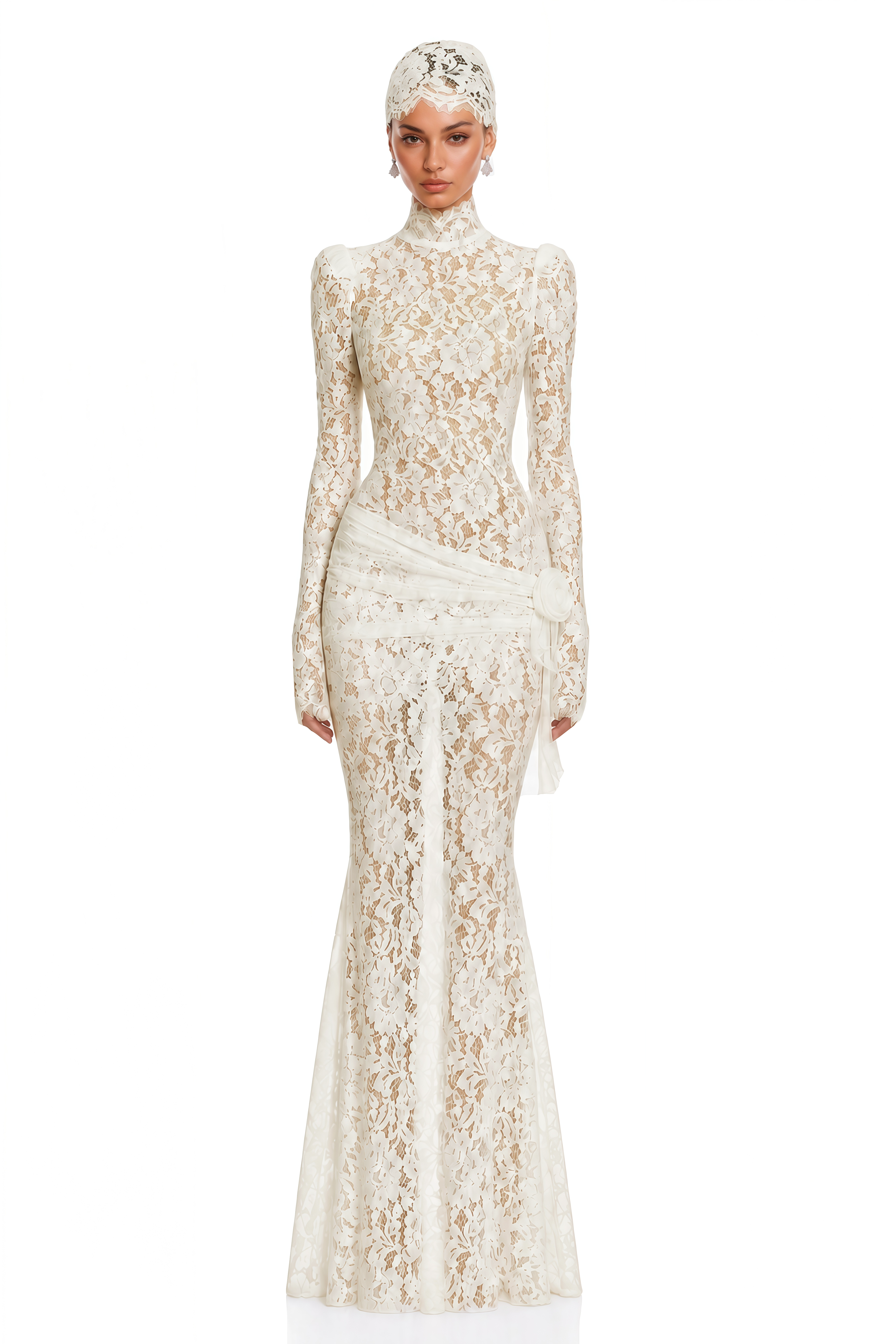 Saskia White High Neck Long Sleeve Lace Maxi Dress