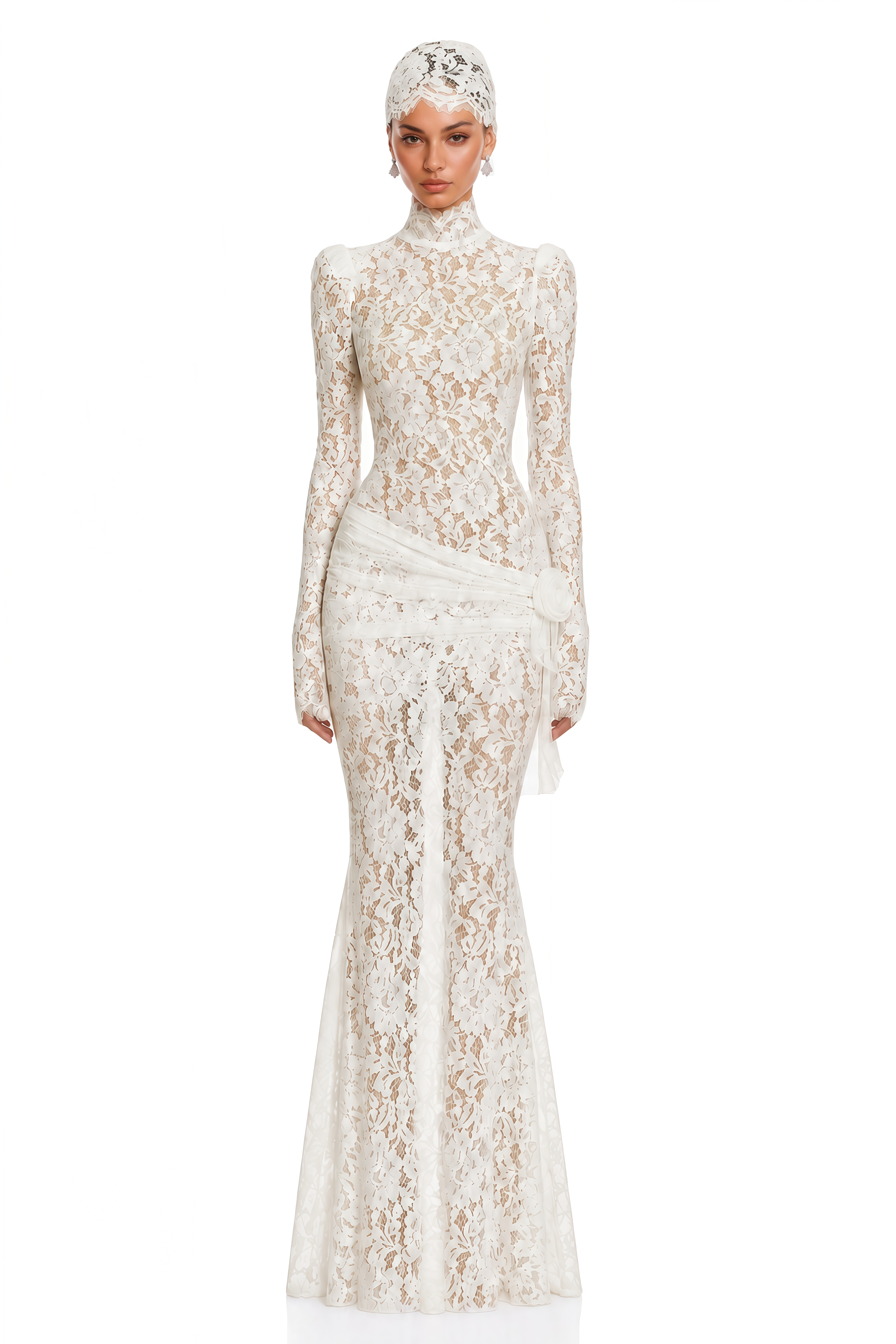 Saskia White High Neck Flared Sleeve Lace Maxi Dress