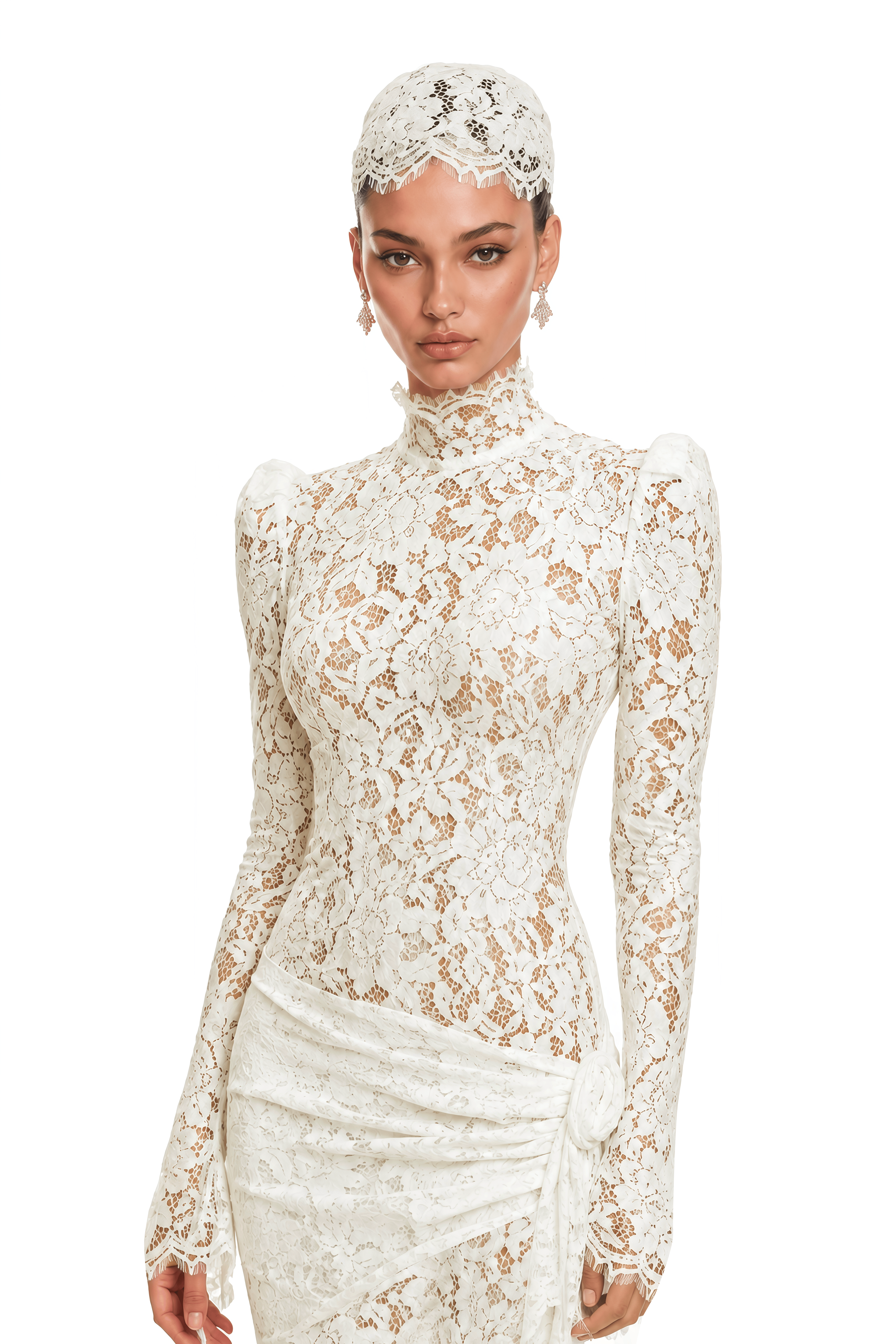 Saskia White High Neck Long Sleeve Lace Maxi Dress