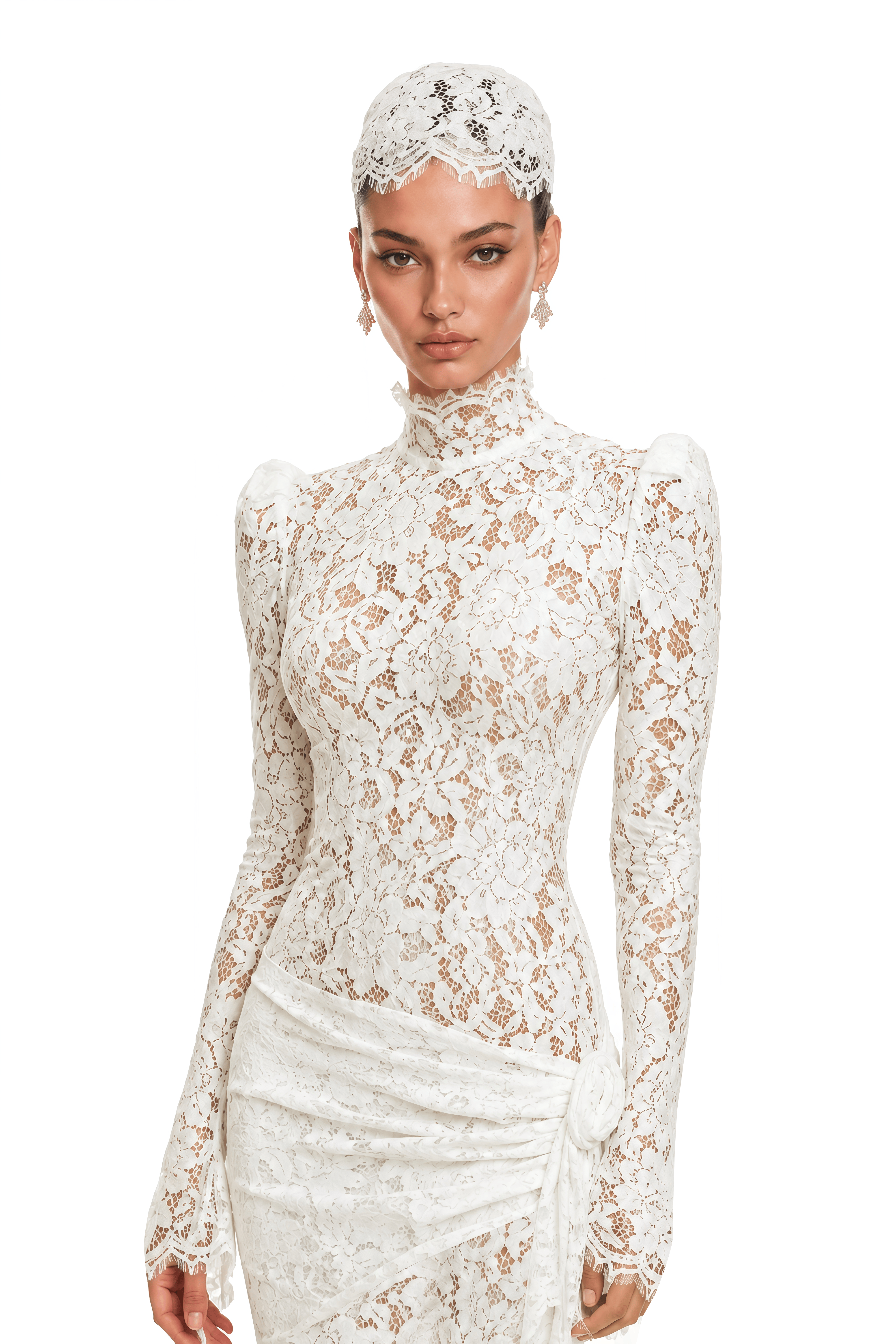 Saskia White High Neck Flared Sleeve Lace Maxi Dress