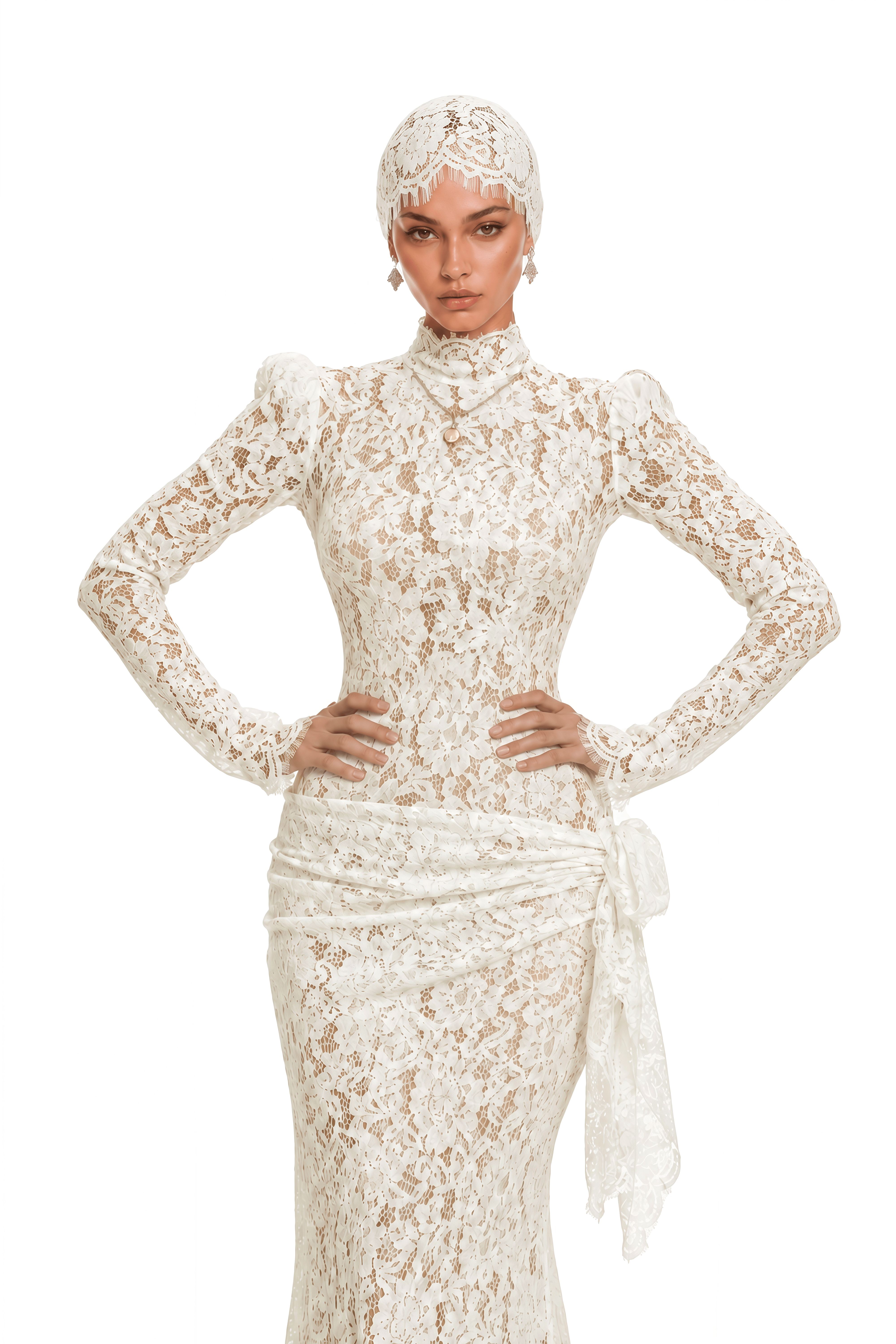 Saskia White High Neck Long Sleeve Lace Maxi Dress