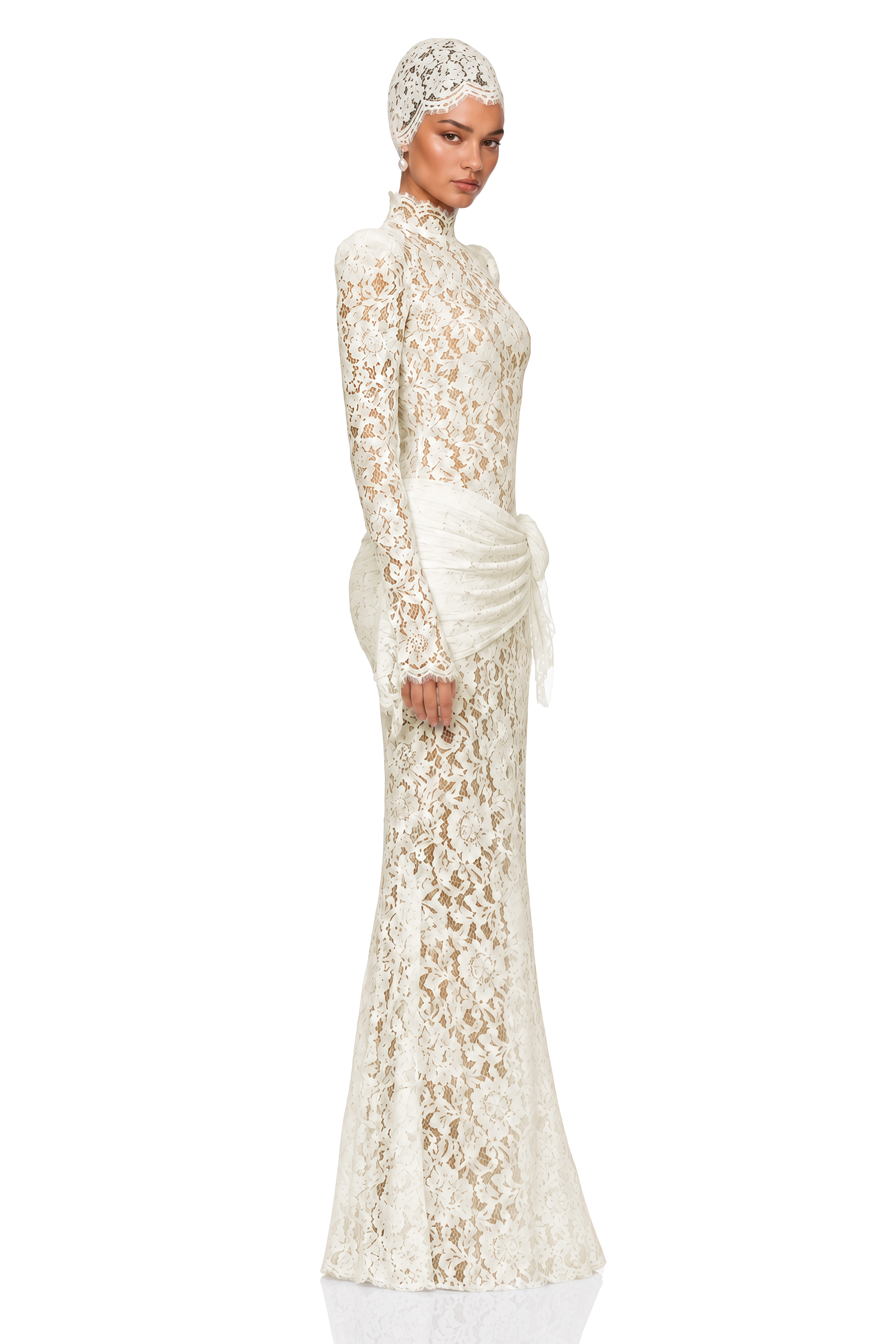Saskia White High Neck Long Sleeve Lace Maxi Dress