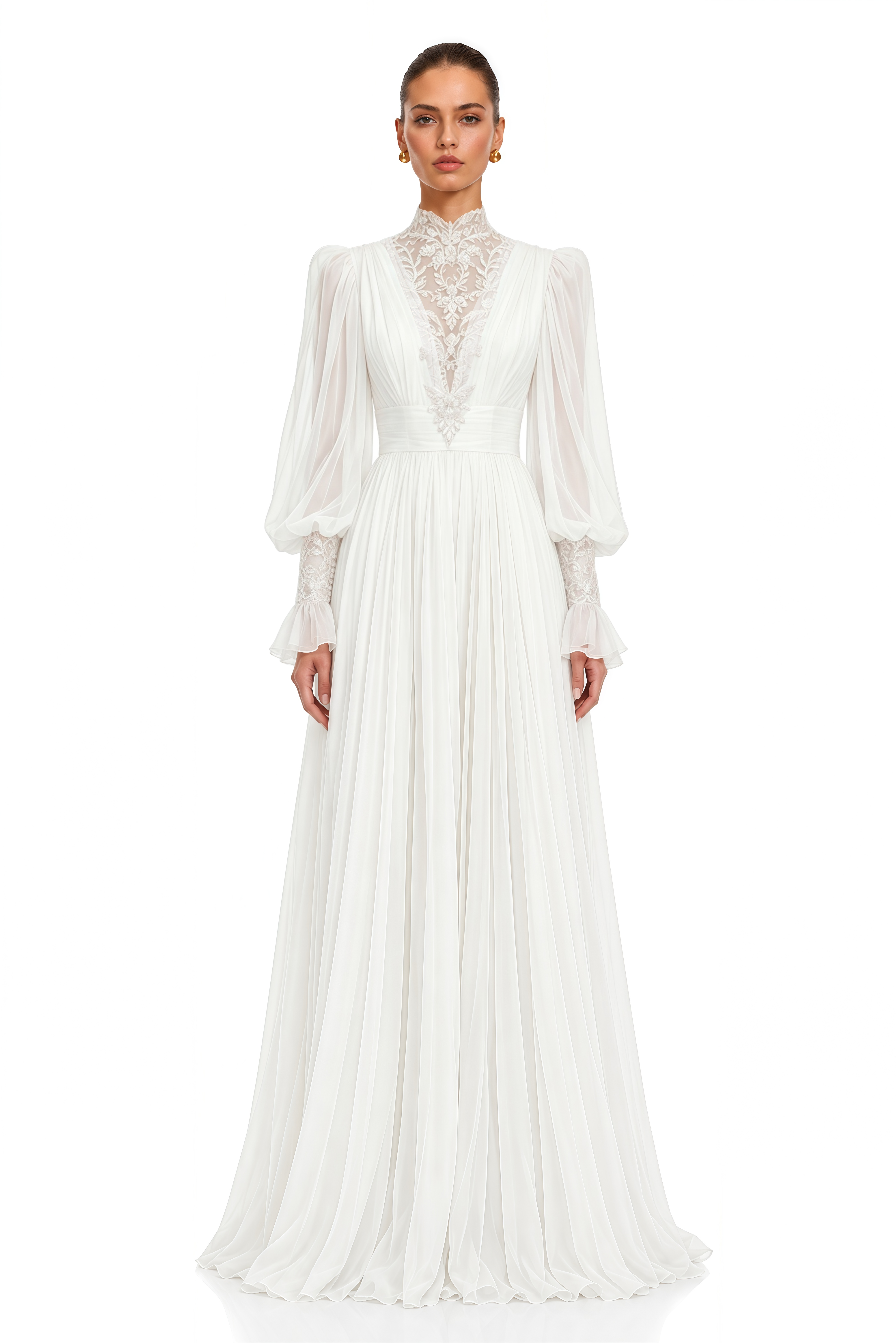Saskia White Lace High Neck Long Sleeve Maxi Dress