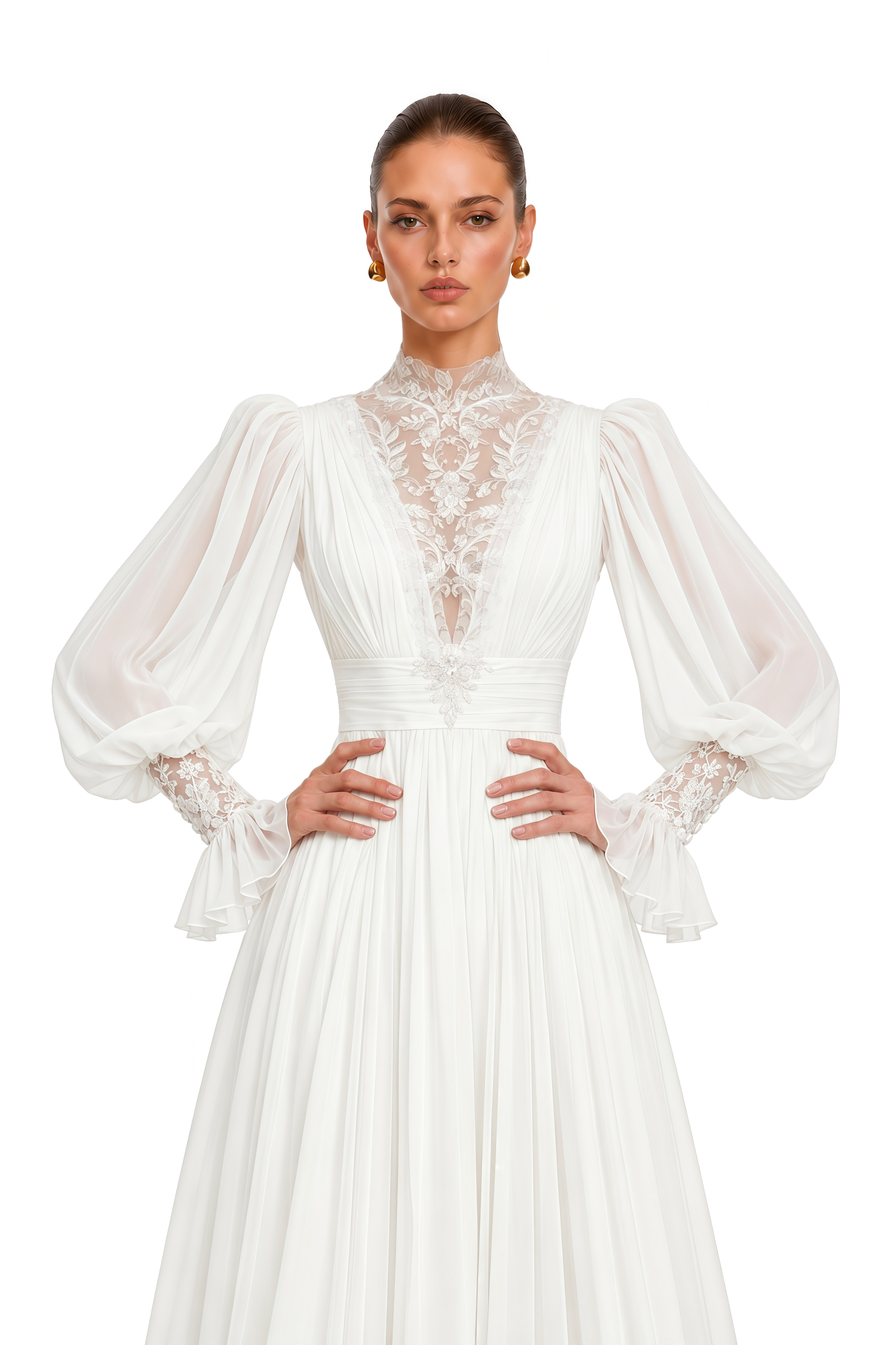Saskia White Lace High Neck Long Sleeve Maxi Dress