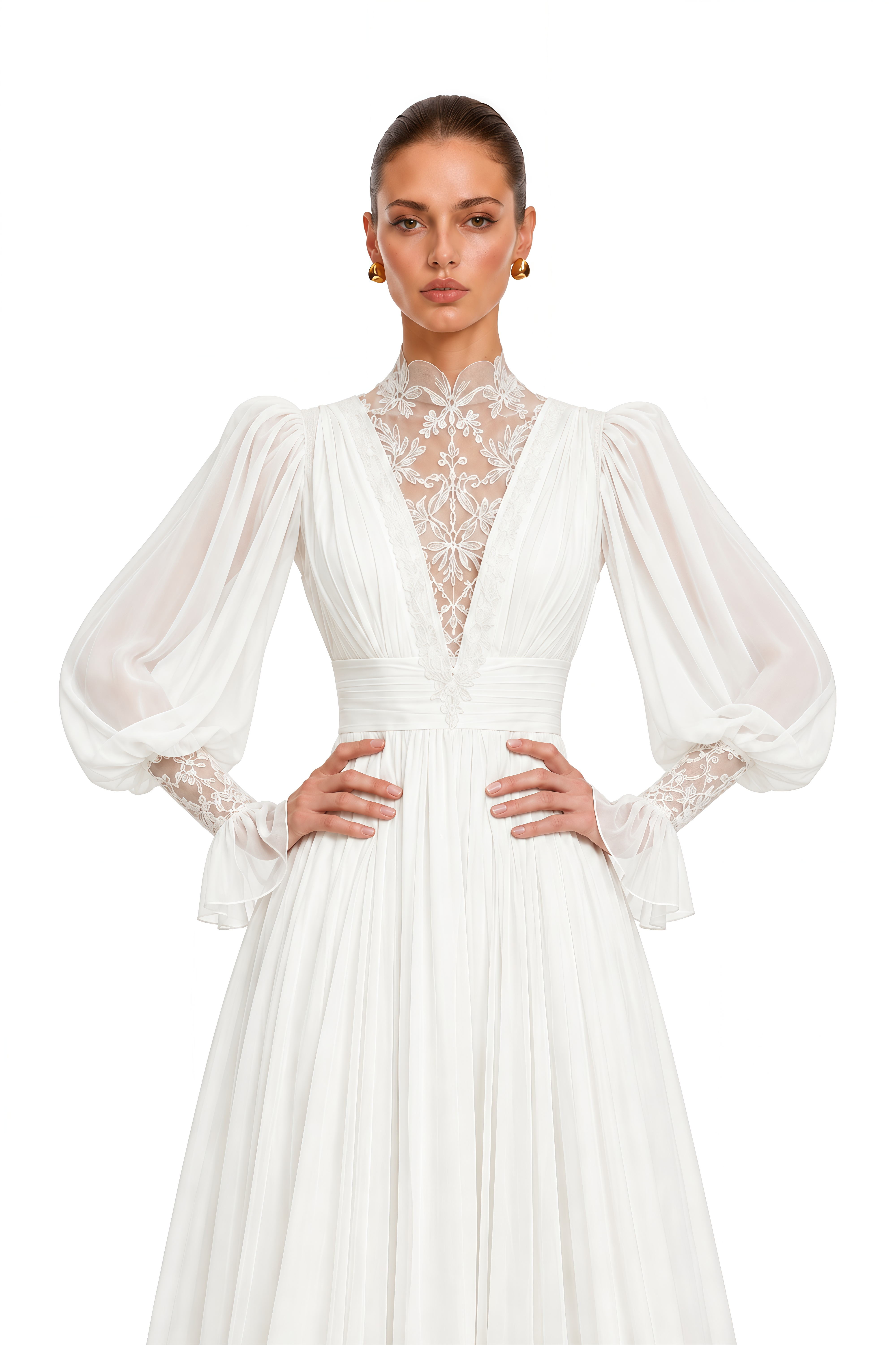 Saskia White Lace High Neck Long Sleeve Maxi Dress