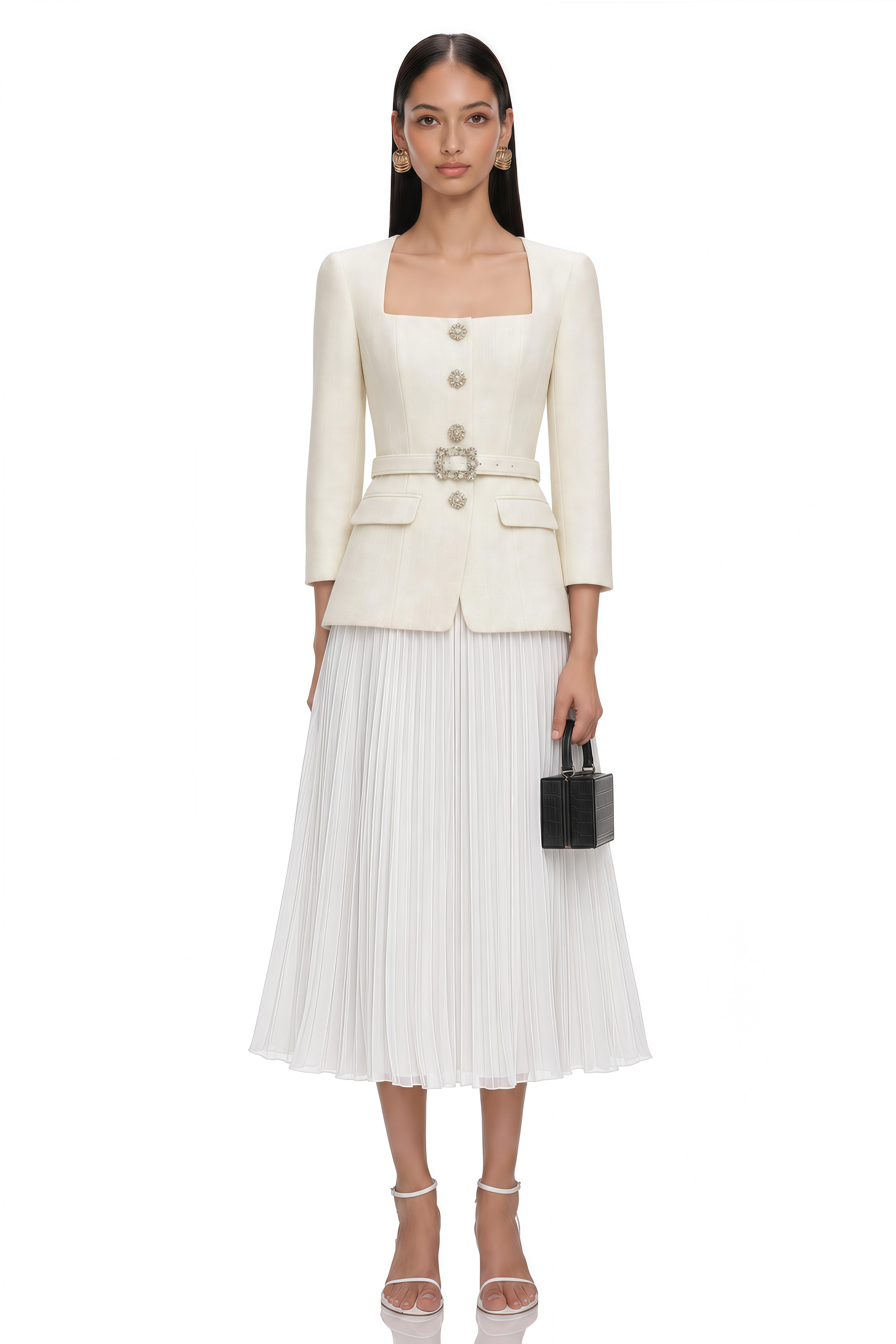 Scarlett Ivory Embellished Belted Jacket & Pleated Skirt Set
