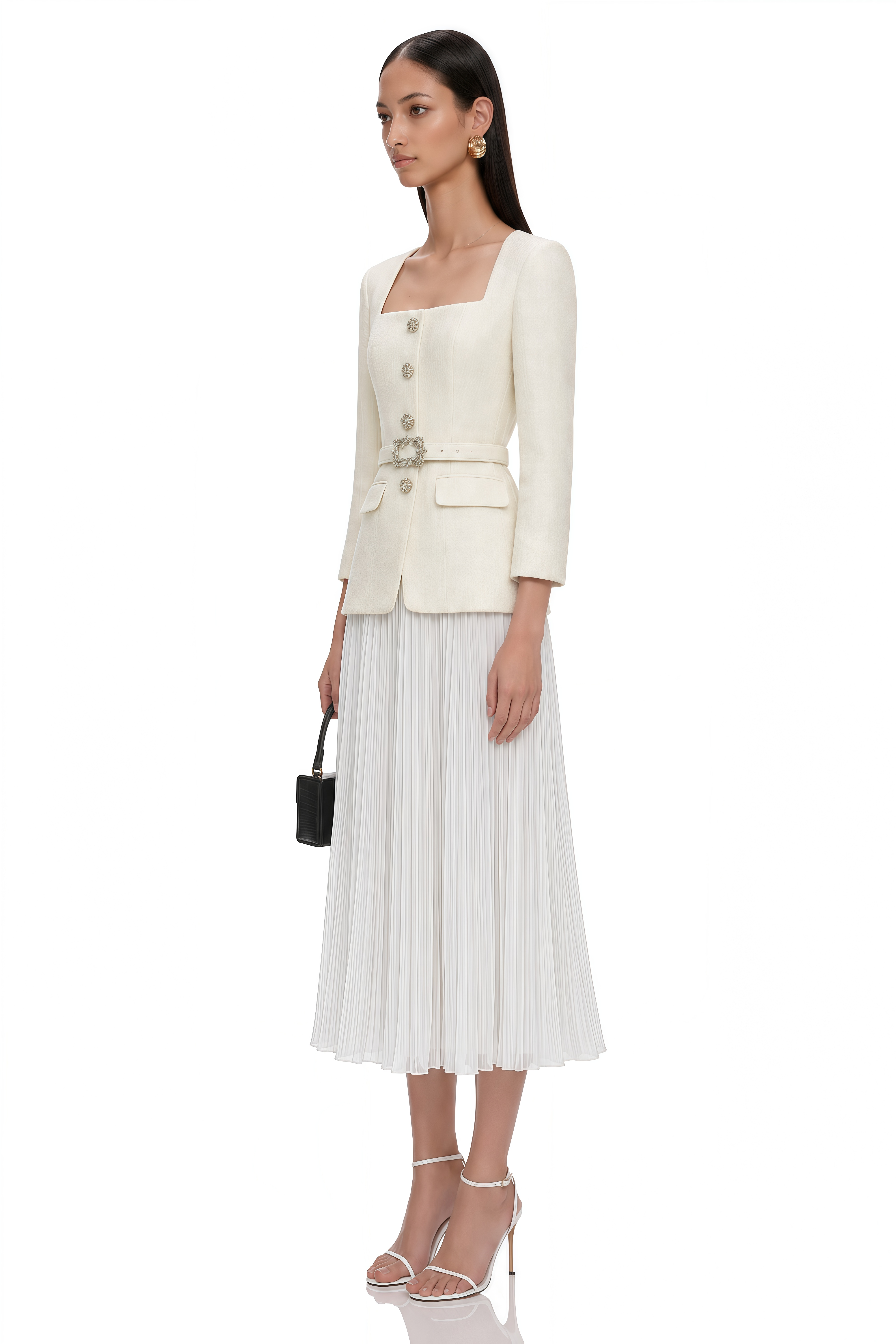 Scarlett Ivory Embellished Belted Jacket & Pleated Skirt Set