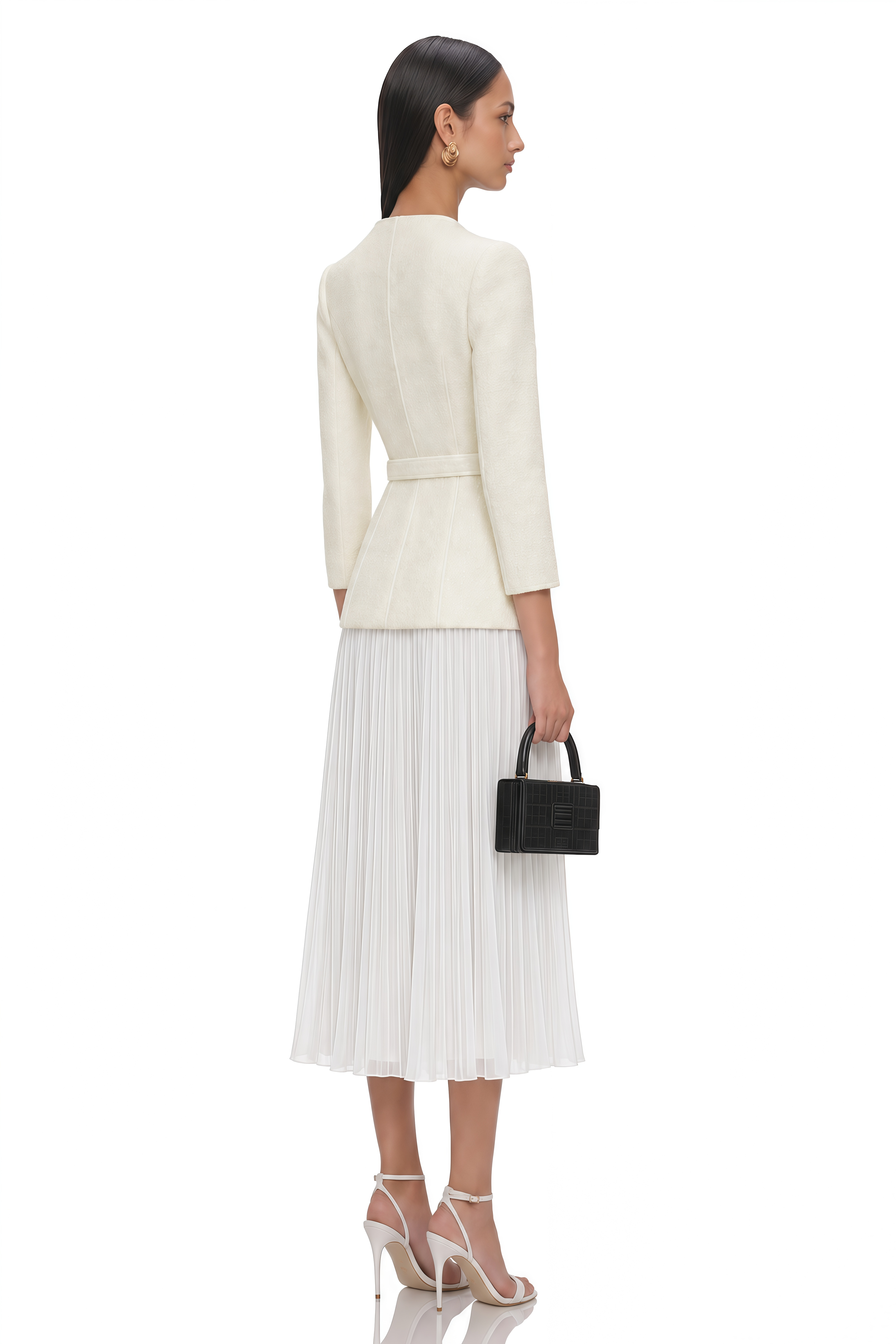 Scarlett Ivory Embellished Belted Jacket & Pleated Skirt Set
