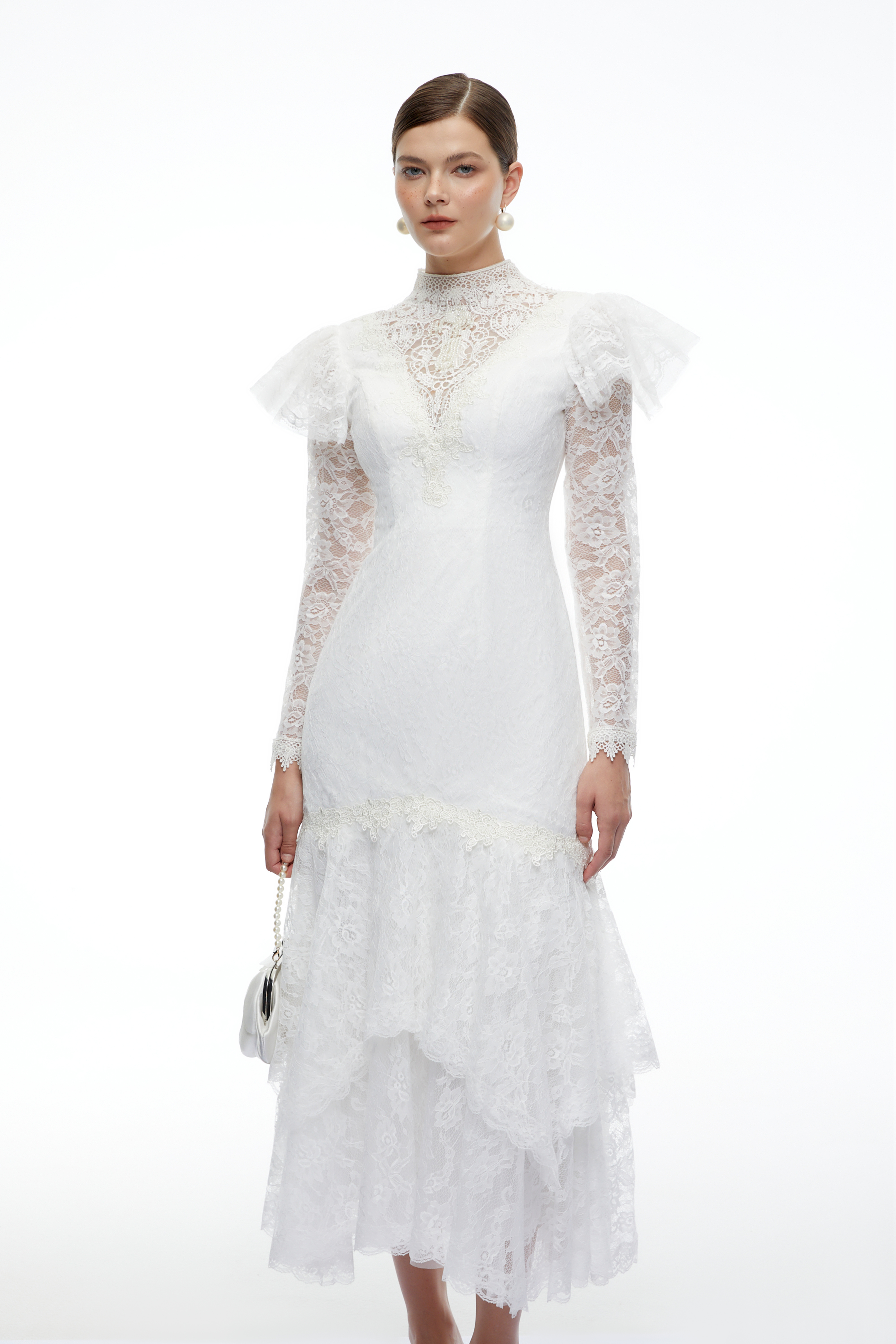 Scarlett White Lace Ruched Midi Dress
