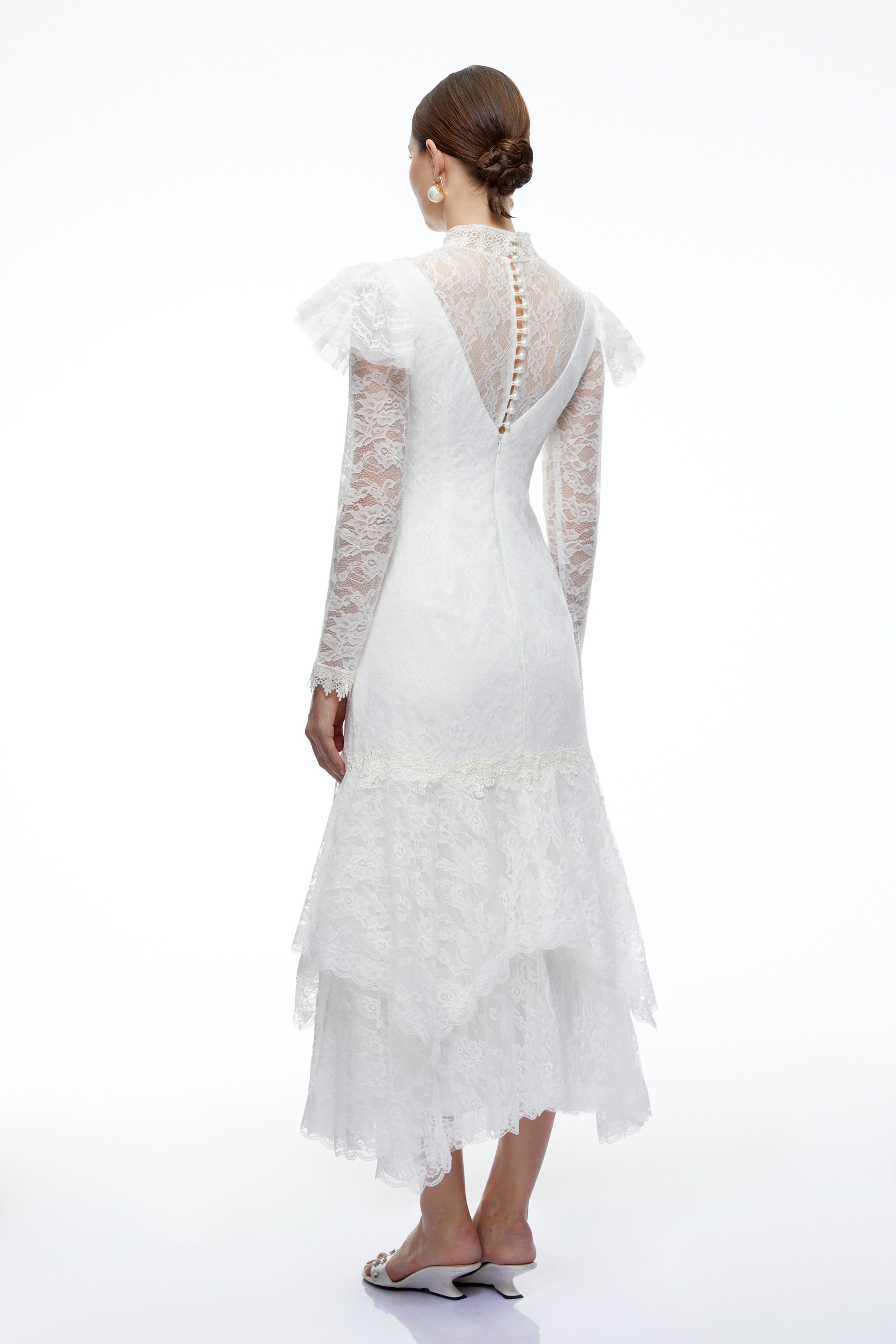 Scarlett White Lace Ruched Midi Dress