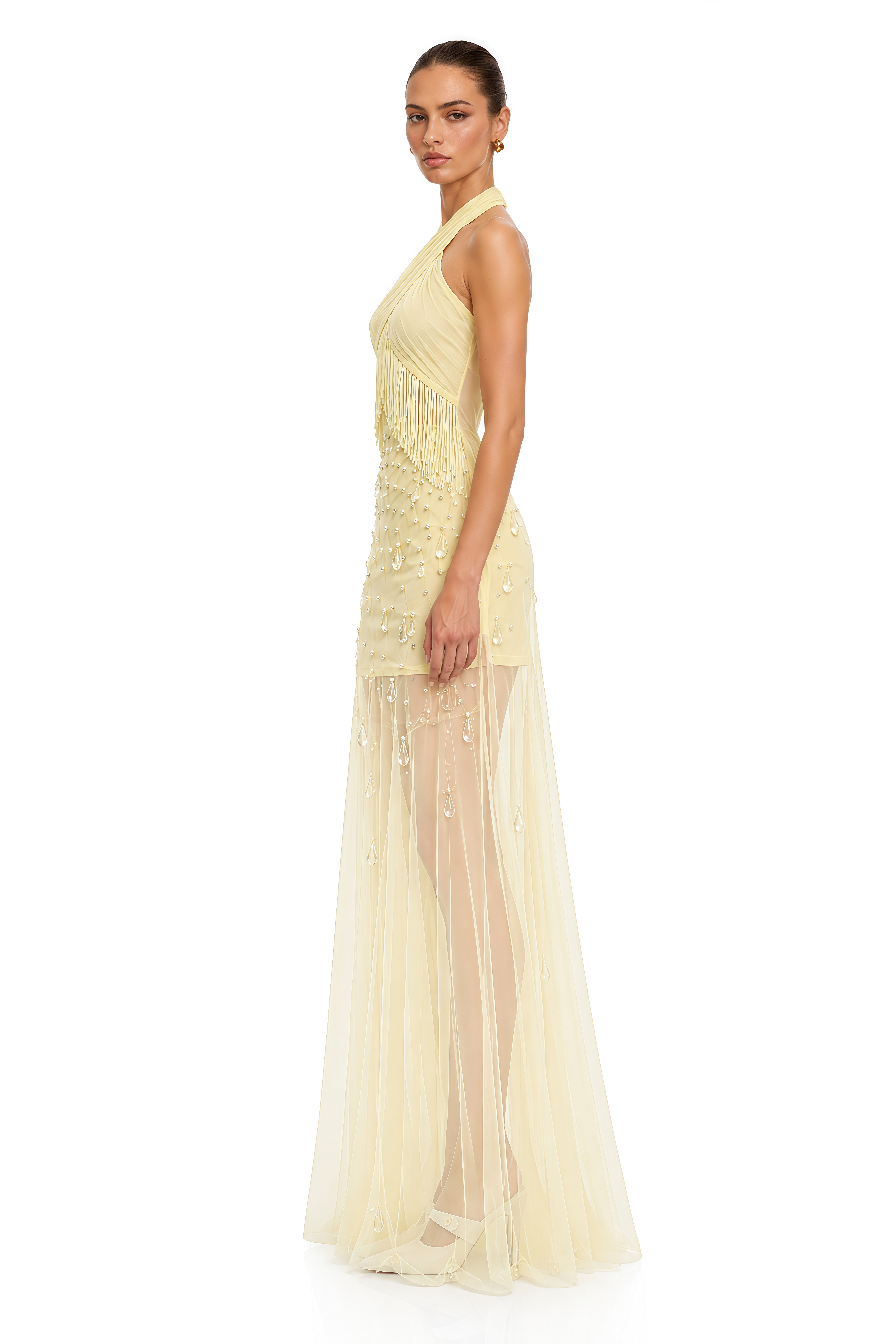 Scarlett Yellow Halterneck Fringe Embellished Maxi Dress