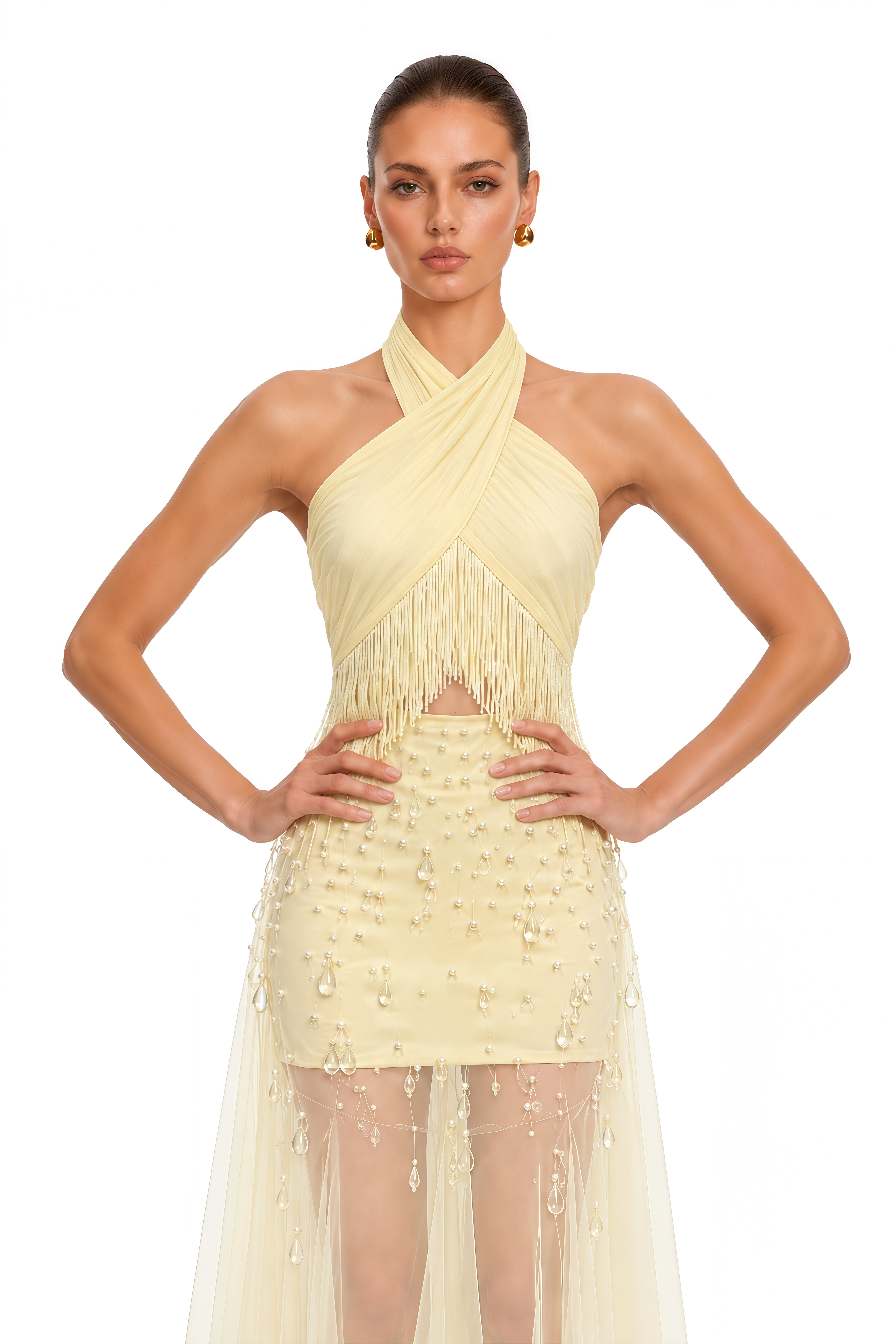 Scarlett Yellow Halterneck Fringe Embellished Maxi Dress