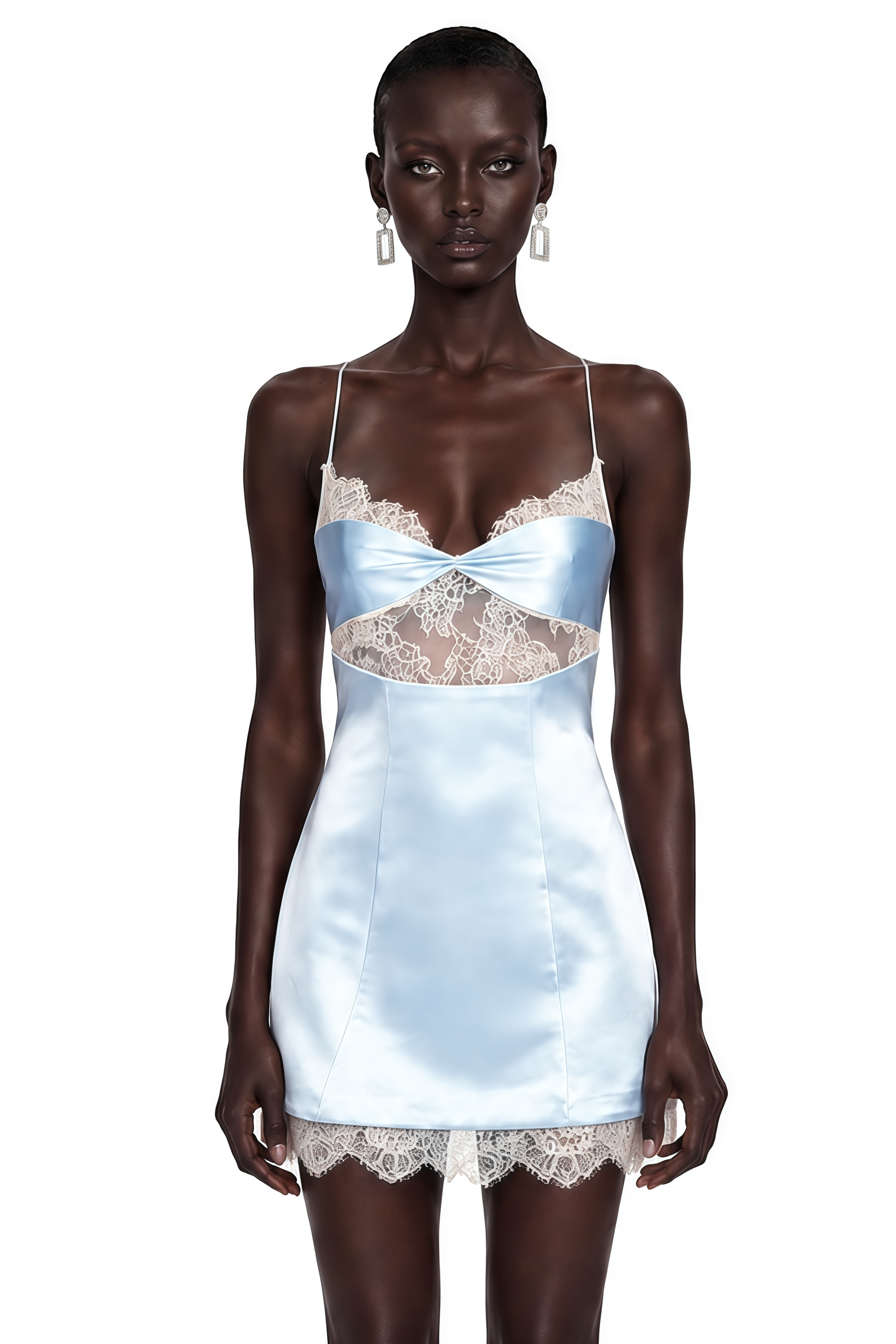 Selene Blue Lace Trim Satin Mini Dress