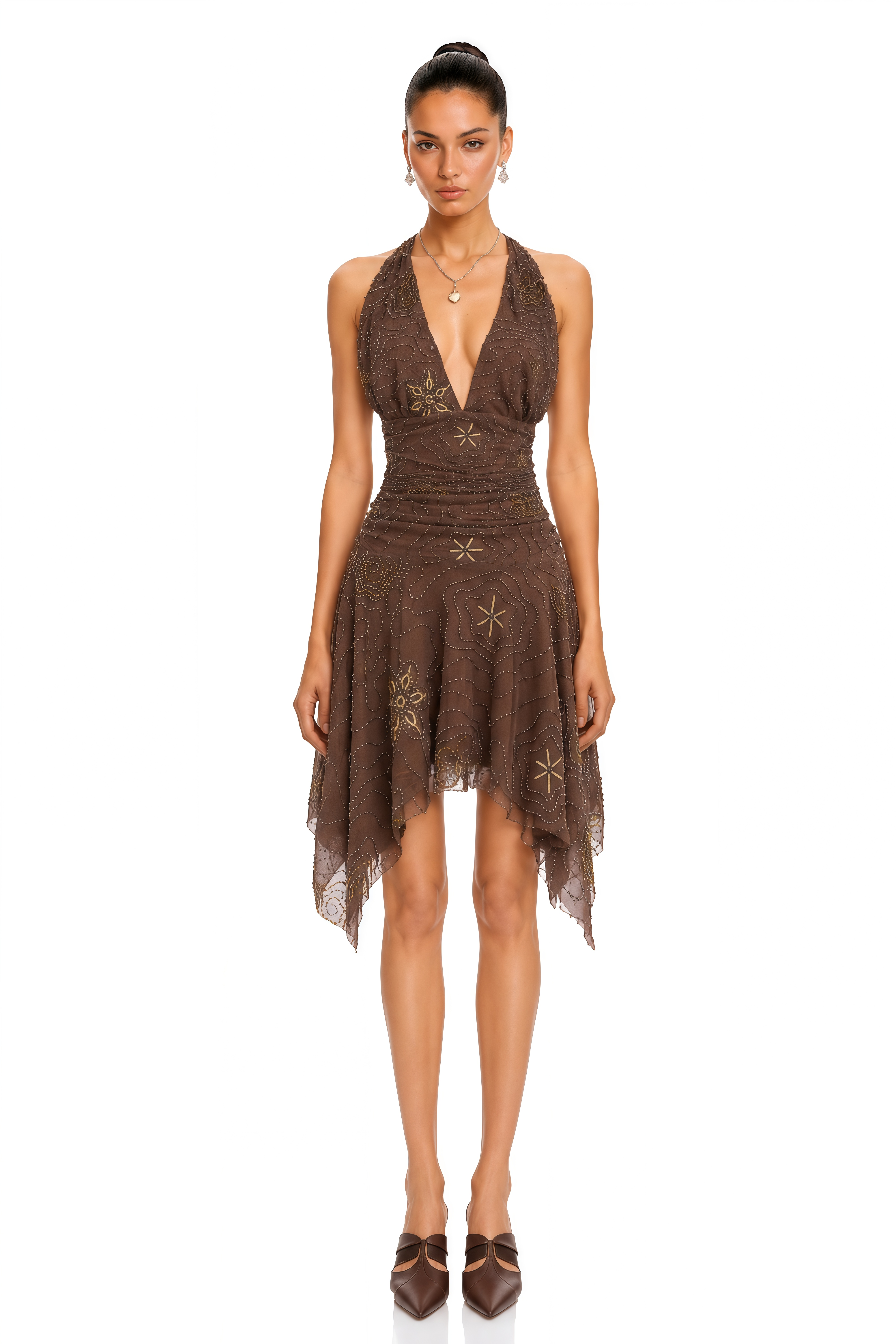 Selene Chocolate Brown Beaded Halter Handkerchief Mini Dress