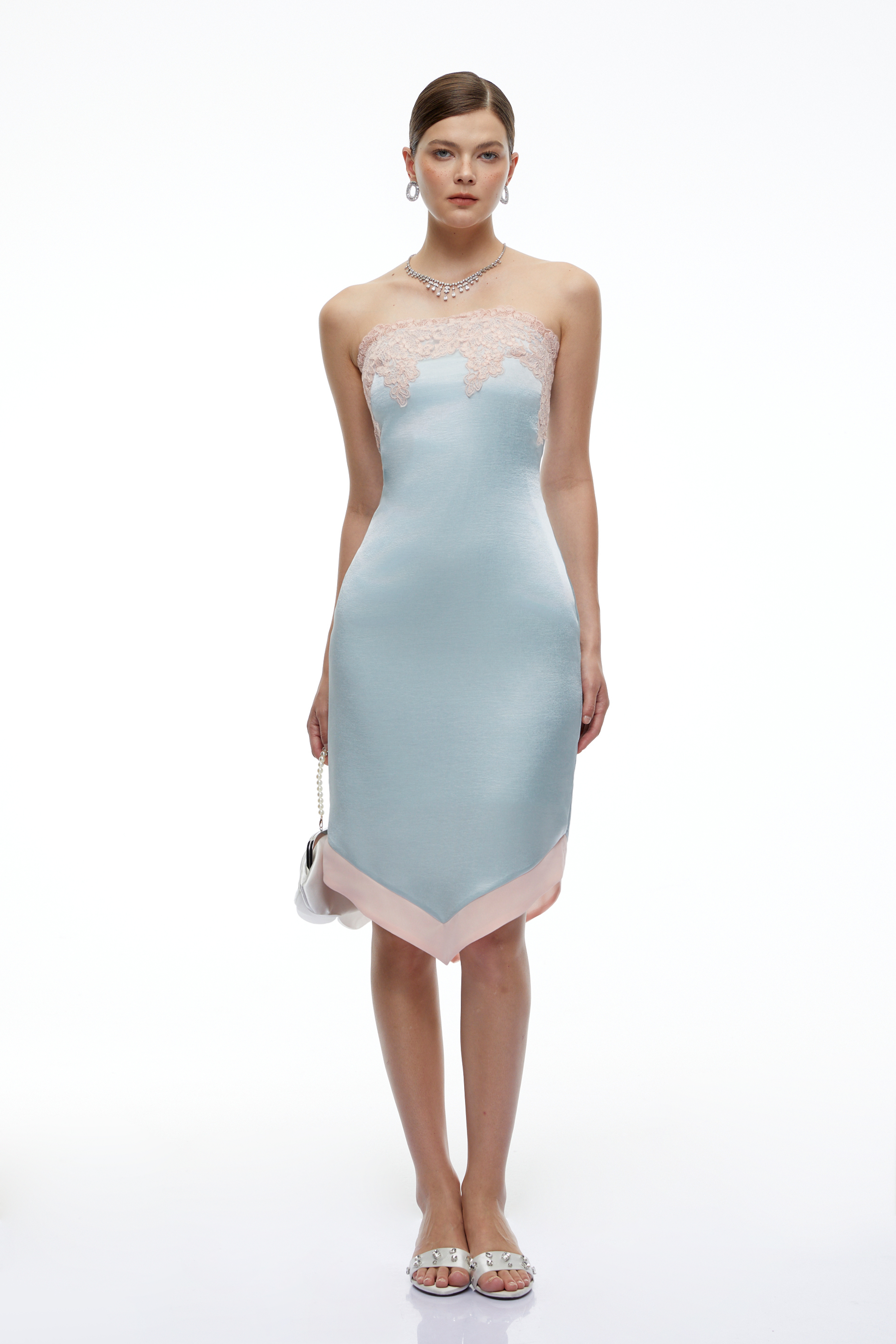 Selestia Blue Satin Strapless Midi Dress
