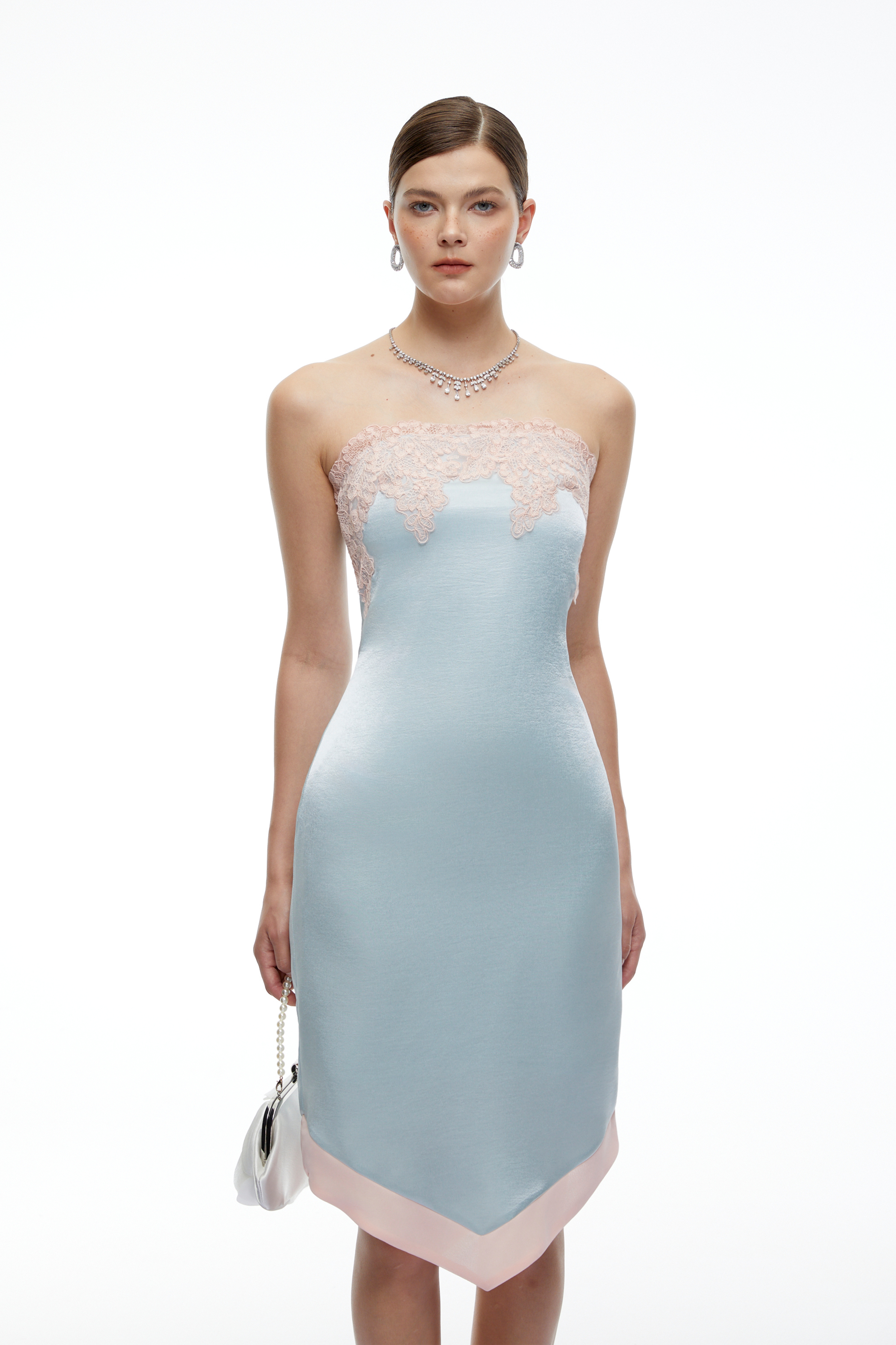 Selestia Blue Satin Strapless Midi Dress