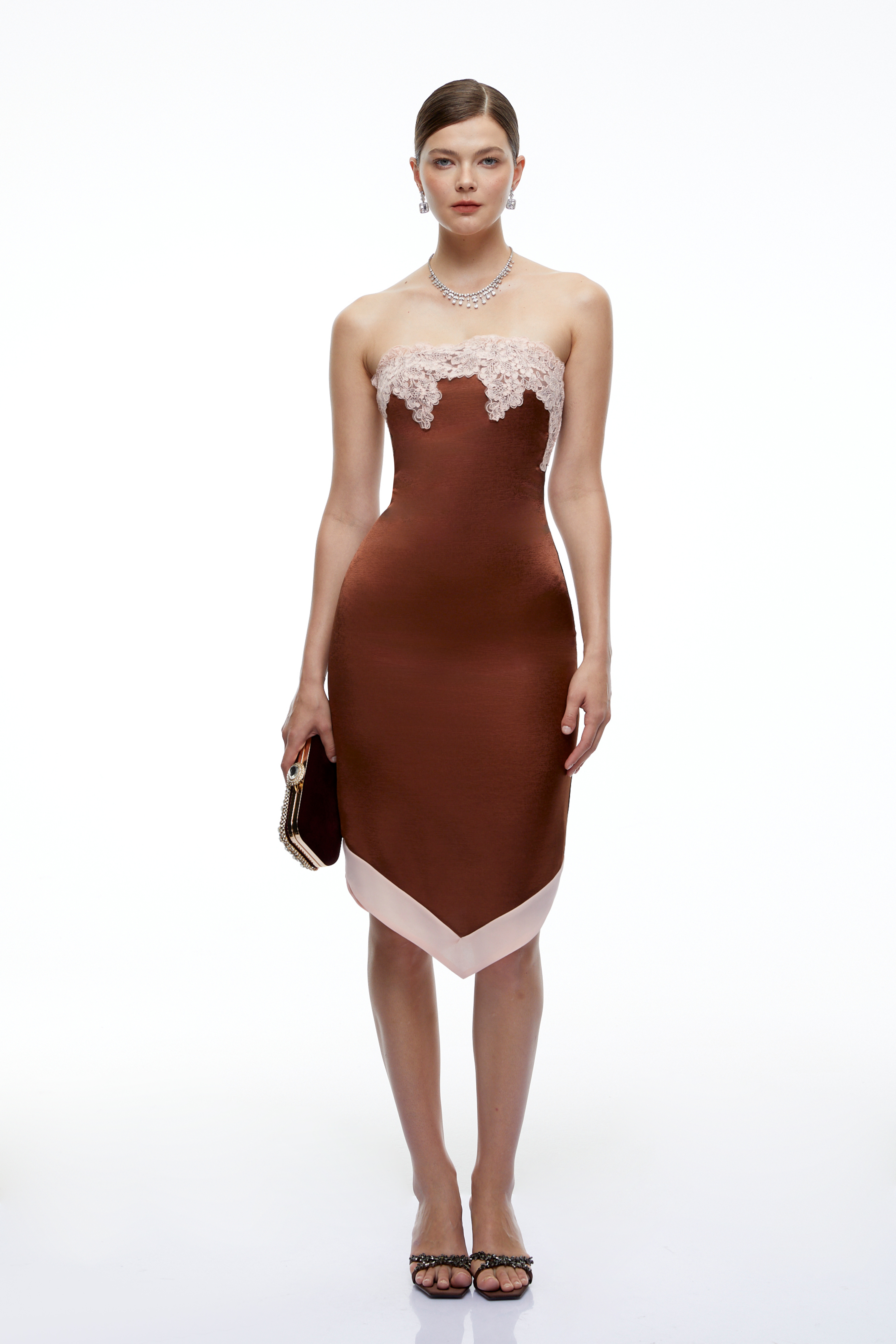 Selestia Brown Satin Strapless Midi Dress
