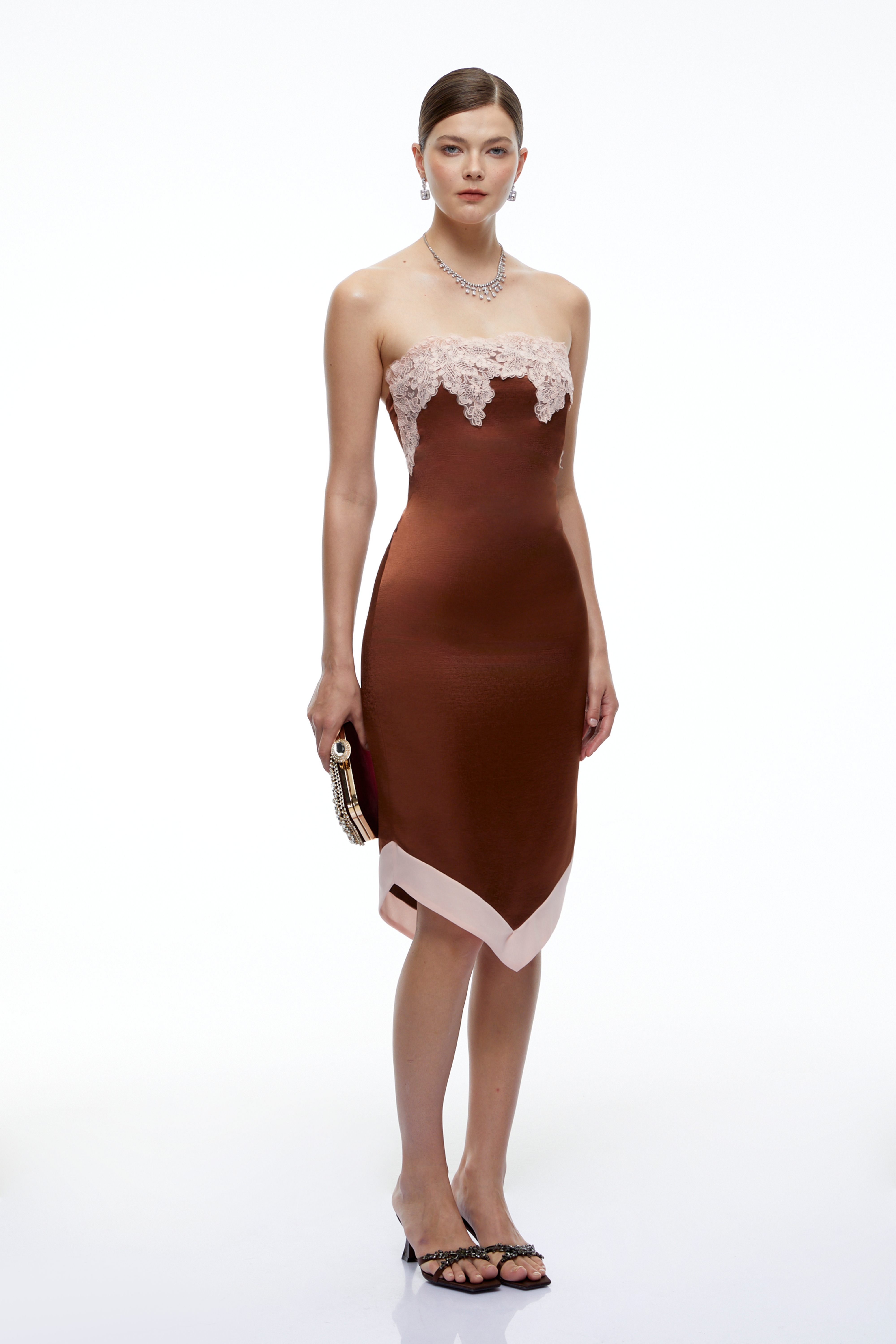 Selestia Brown Satin Strapless Midi Dress