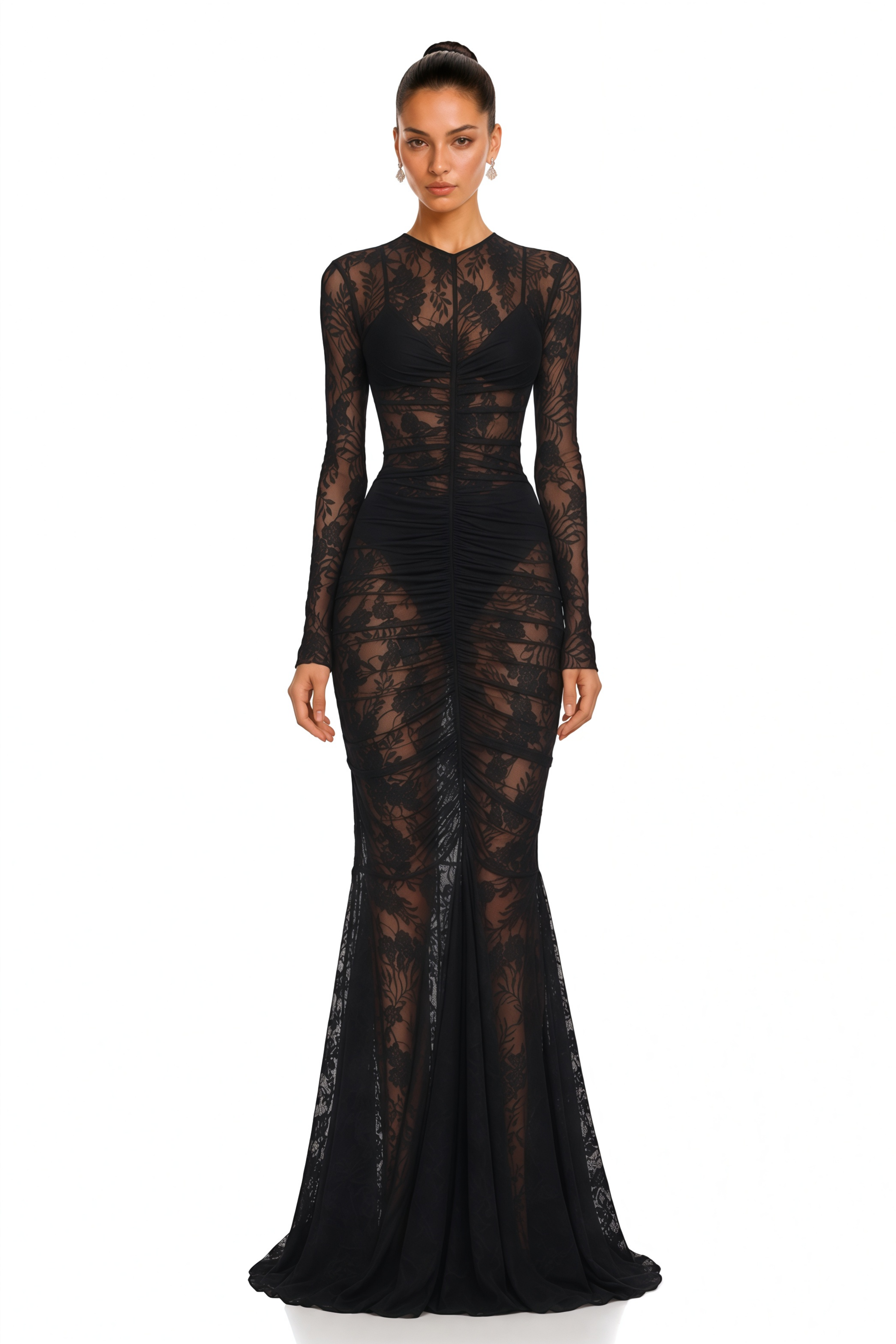 Selma Black Sheer Floral Lace Long Sleeve Mermaid Maxi Dress