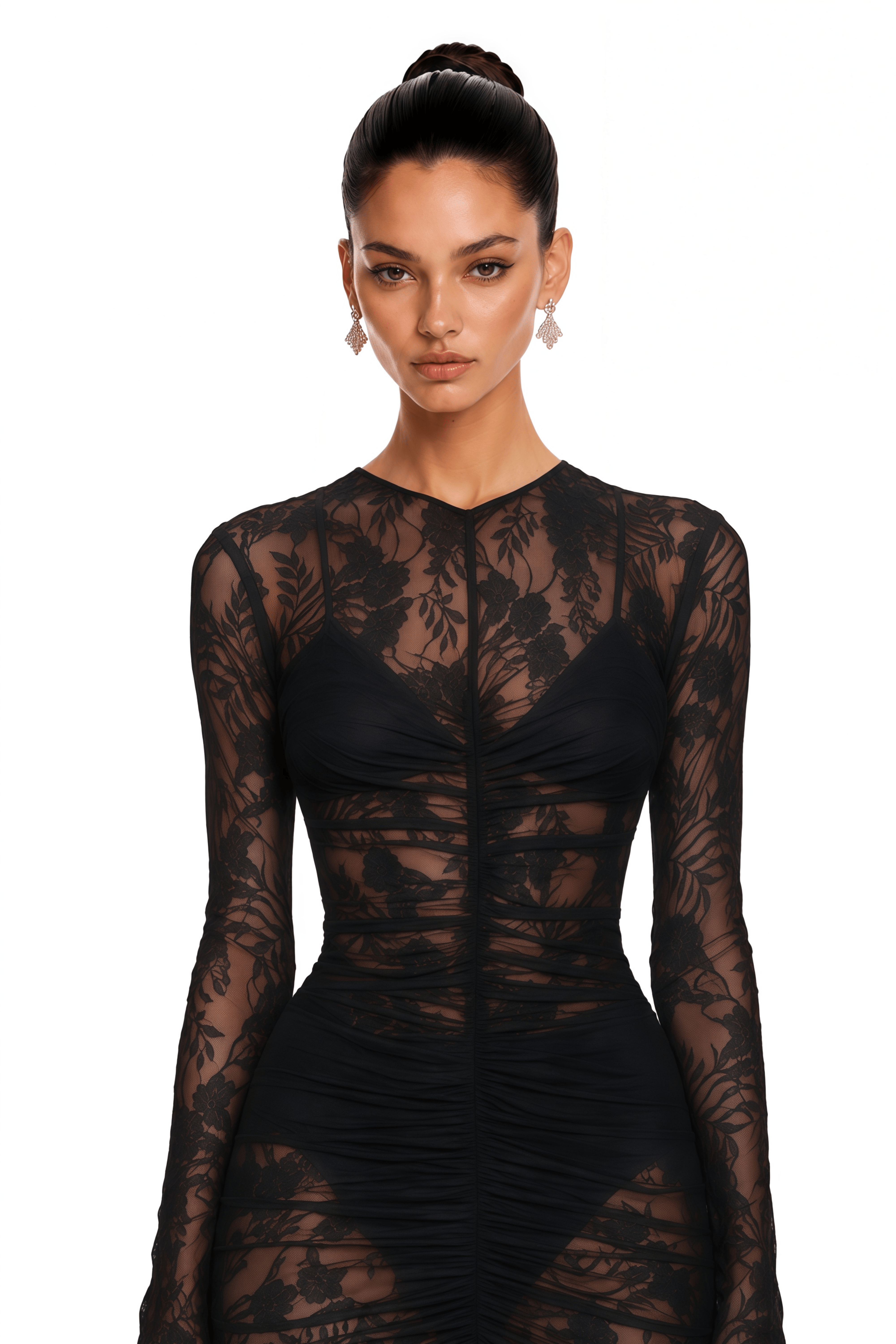 Selma Black Sheer Floral Lace Long Sleeve Mermaid Maxi Dress