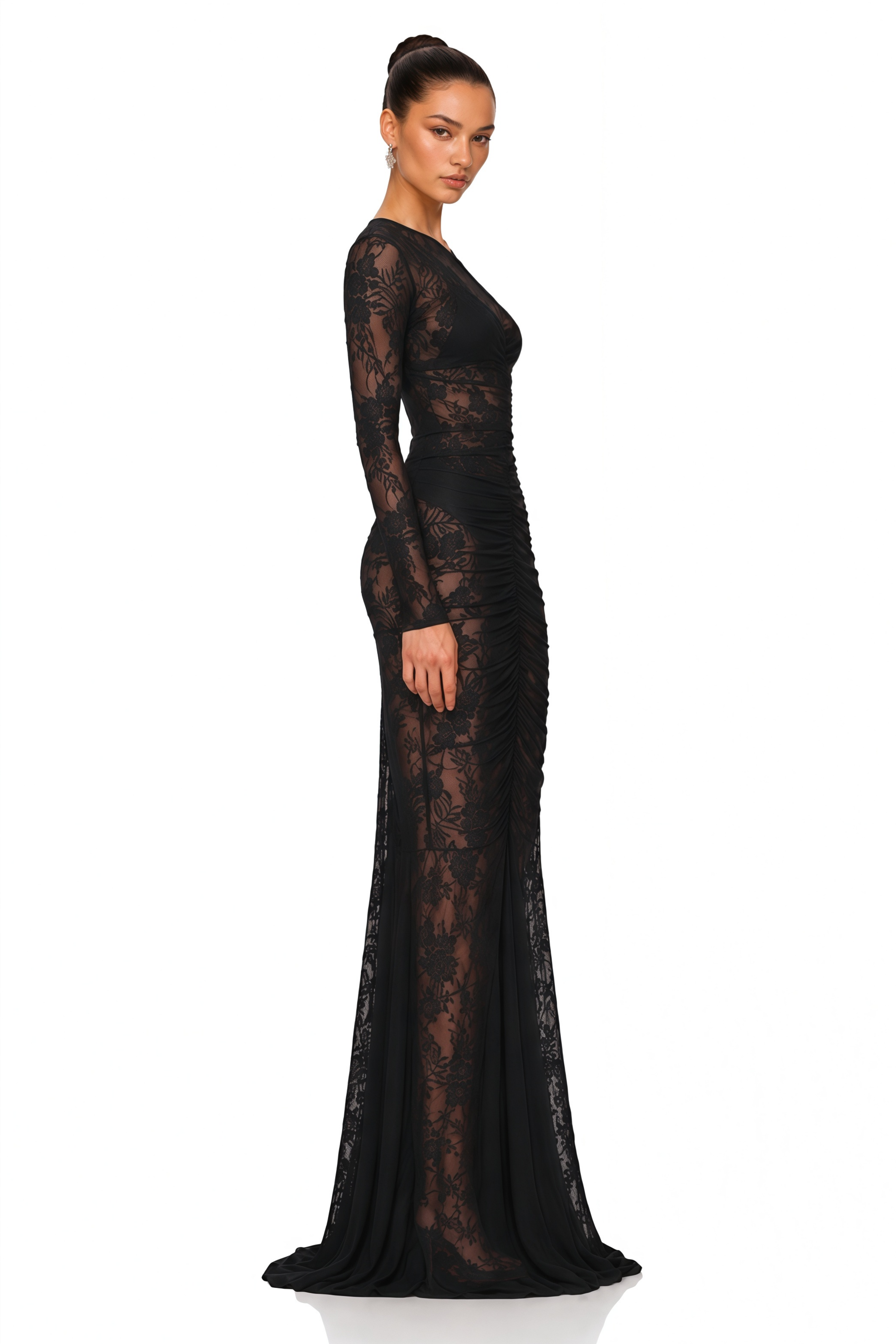 Selma Black Sheer Floral Lace Long Sleeve Mermaid Maxi Dress