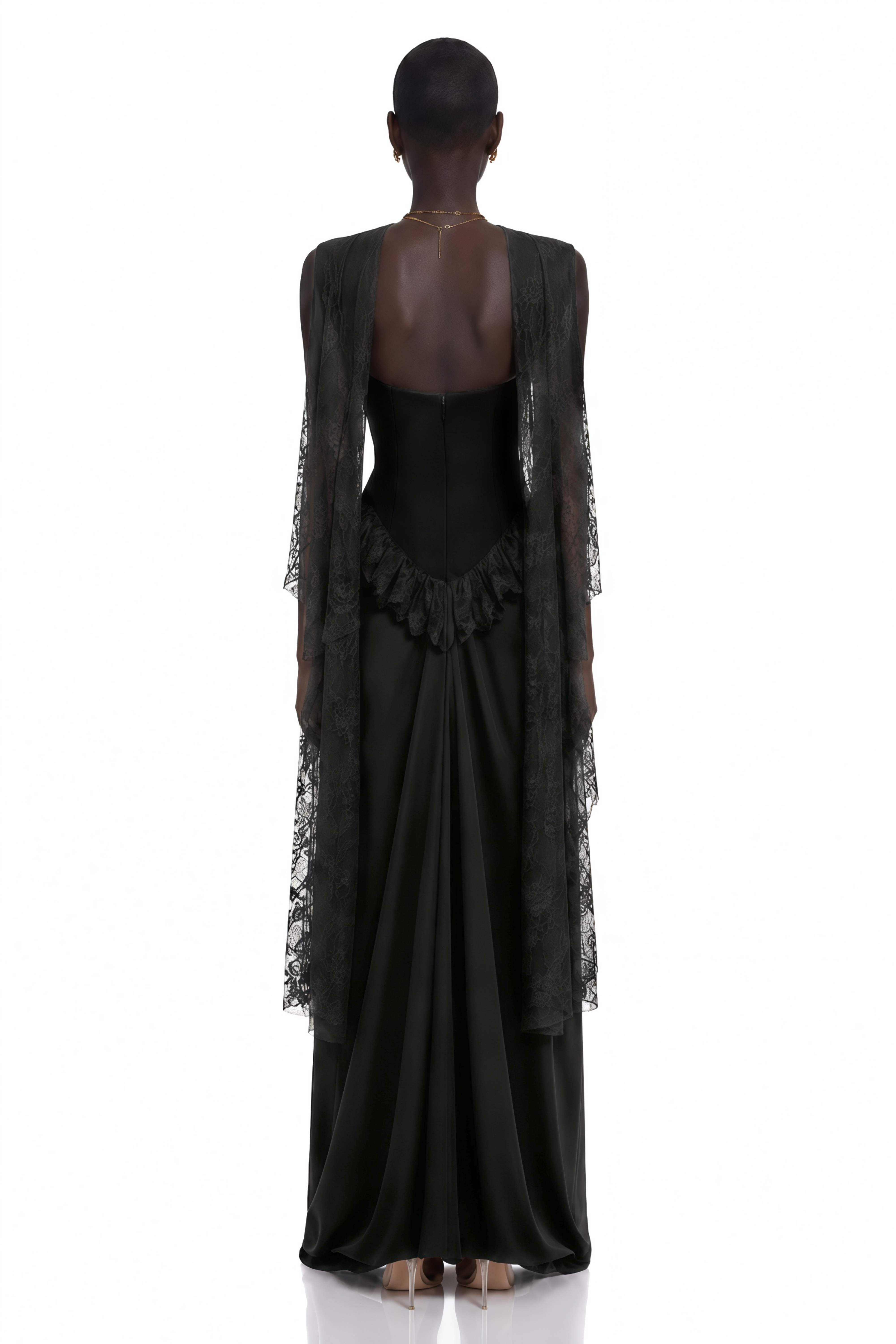 Seraphina Black Floral Lace Maxi Dress with Cape